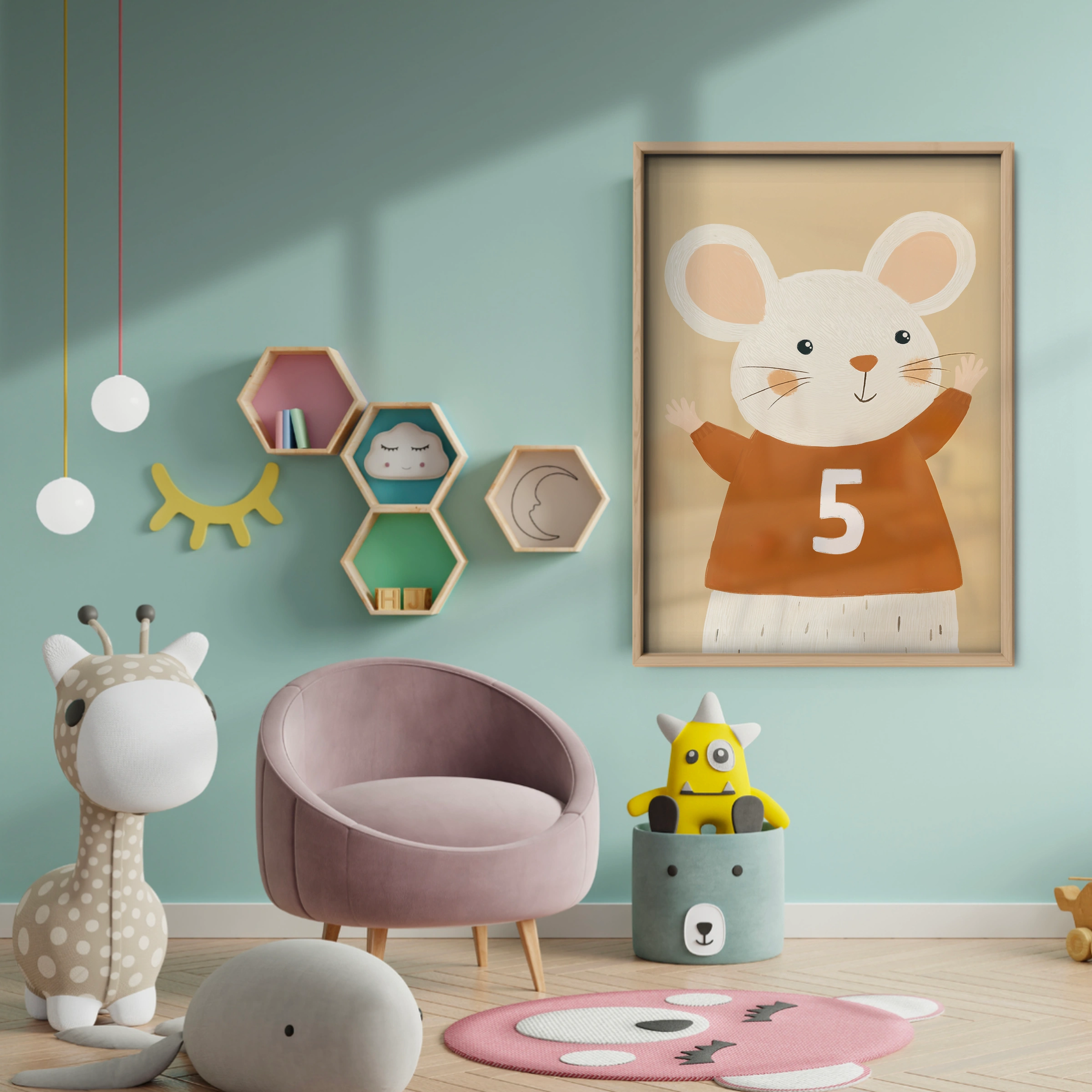 Number Five Mouse Nursery Print - baby room wall decor print