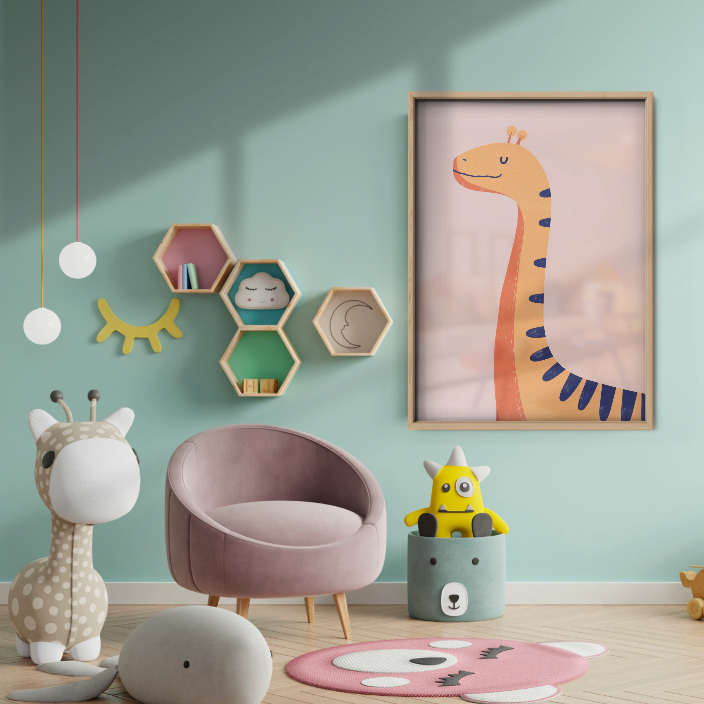 Orange Dinosaur Nursery Print - baby room wall decor print