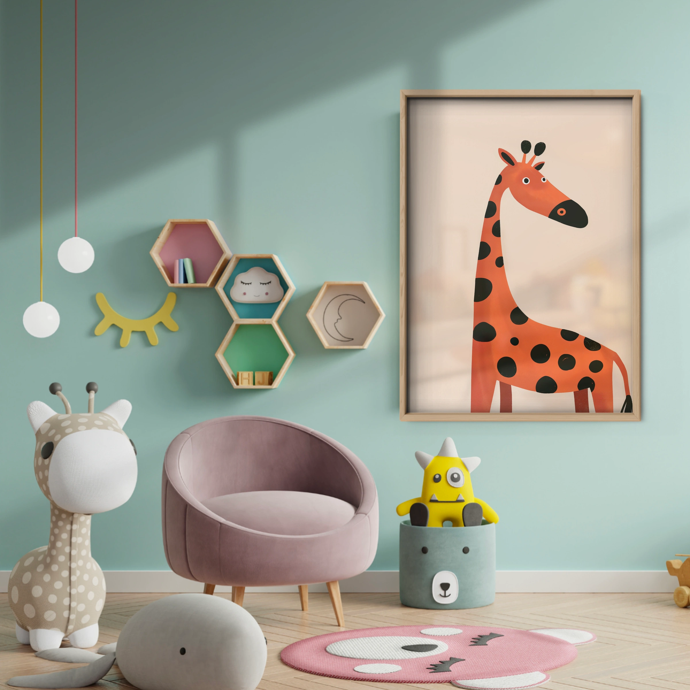 Orange Giraffe Three Nursery Print - baby room wall decor print