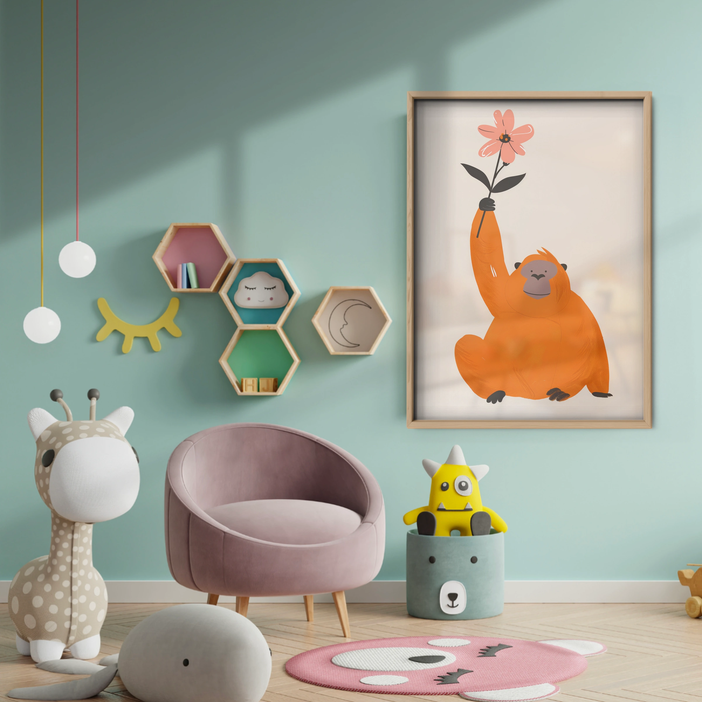 Orangutan with a Flower Nursery Print - baby room wall decor print