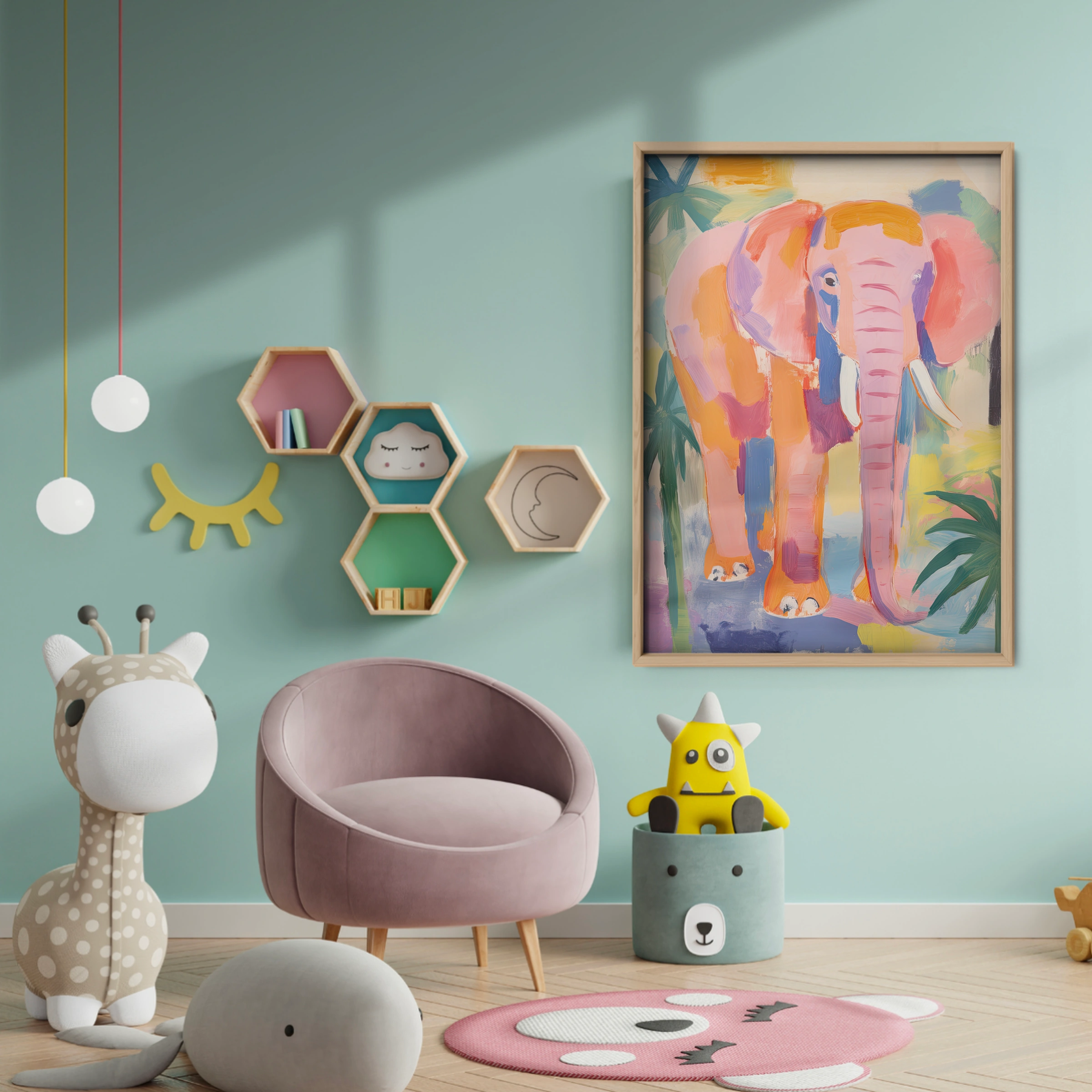 Painted Pink Elephant Nursery Print - baby room wall decor print