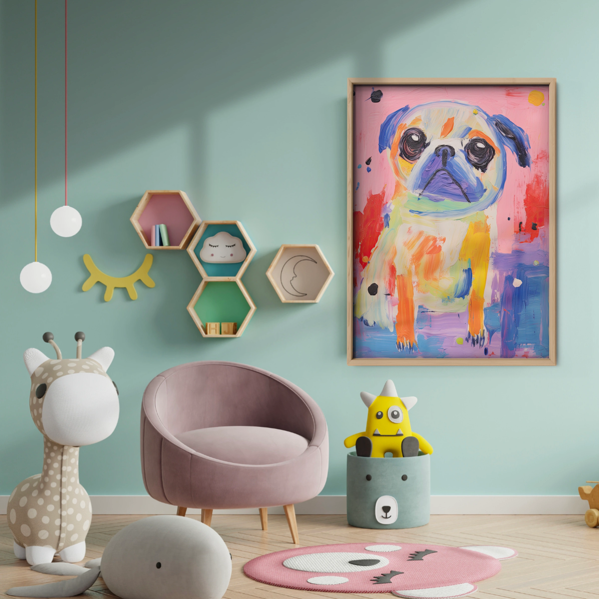 Painted Pug Nursery Print - baby room wall decor print