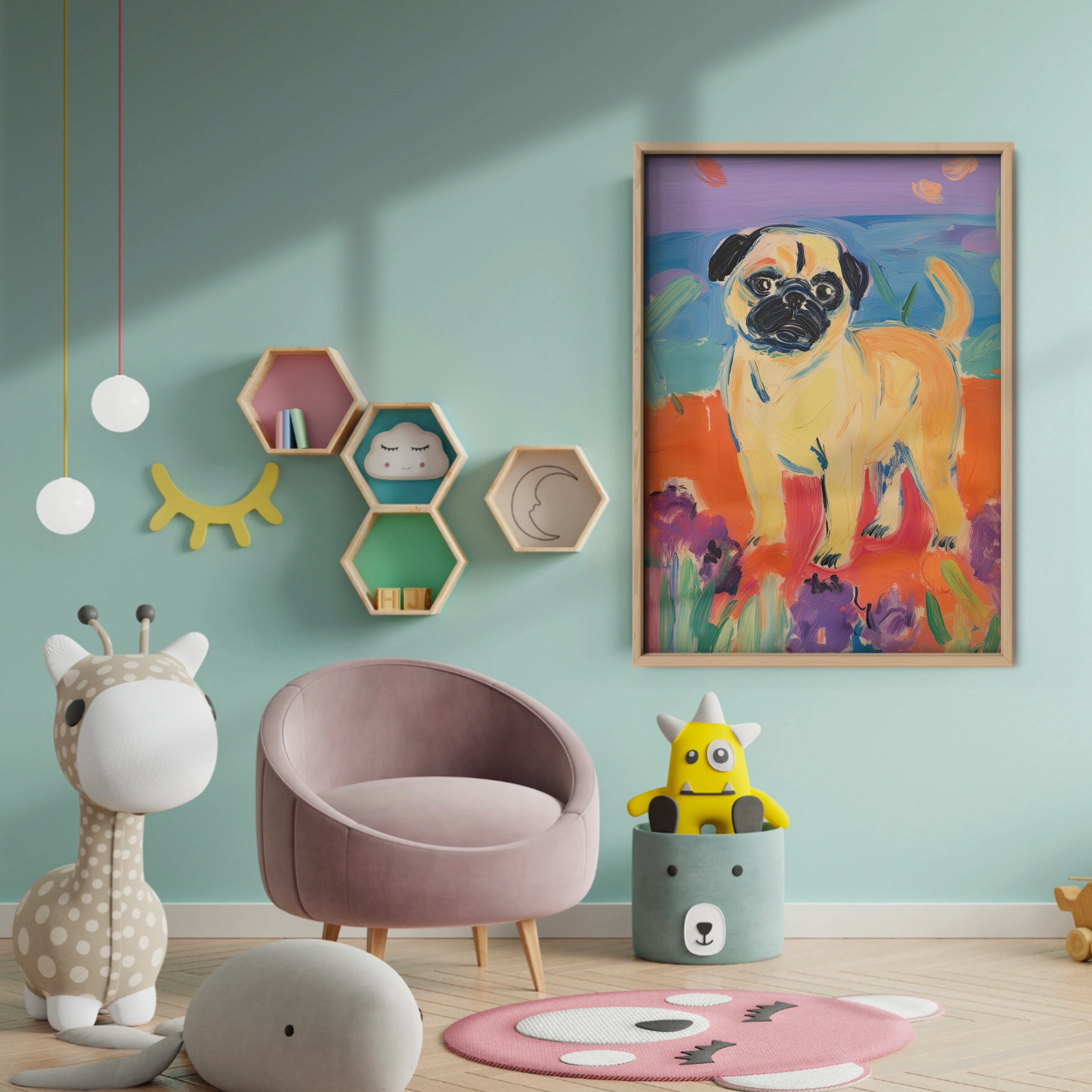 Painterly Pug Nursery Print - baby room wall decor print