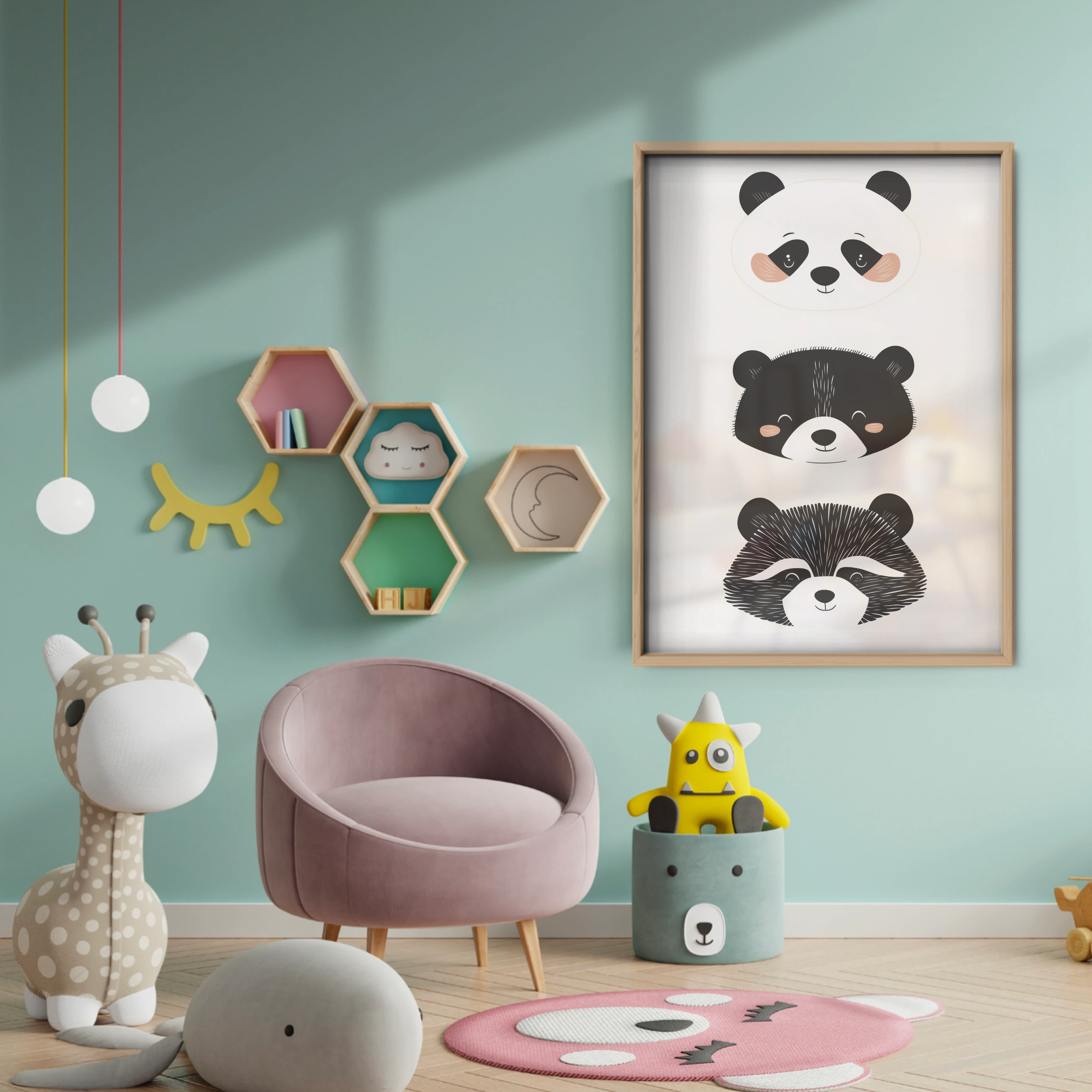 Panda Bear Raccoon Nursery Print - baby room wall decor print