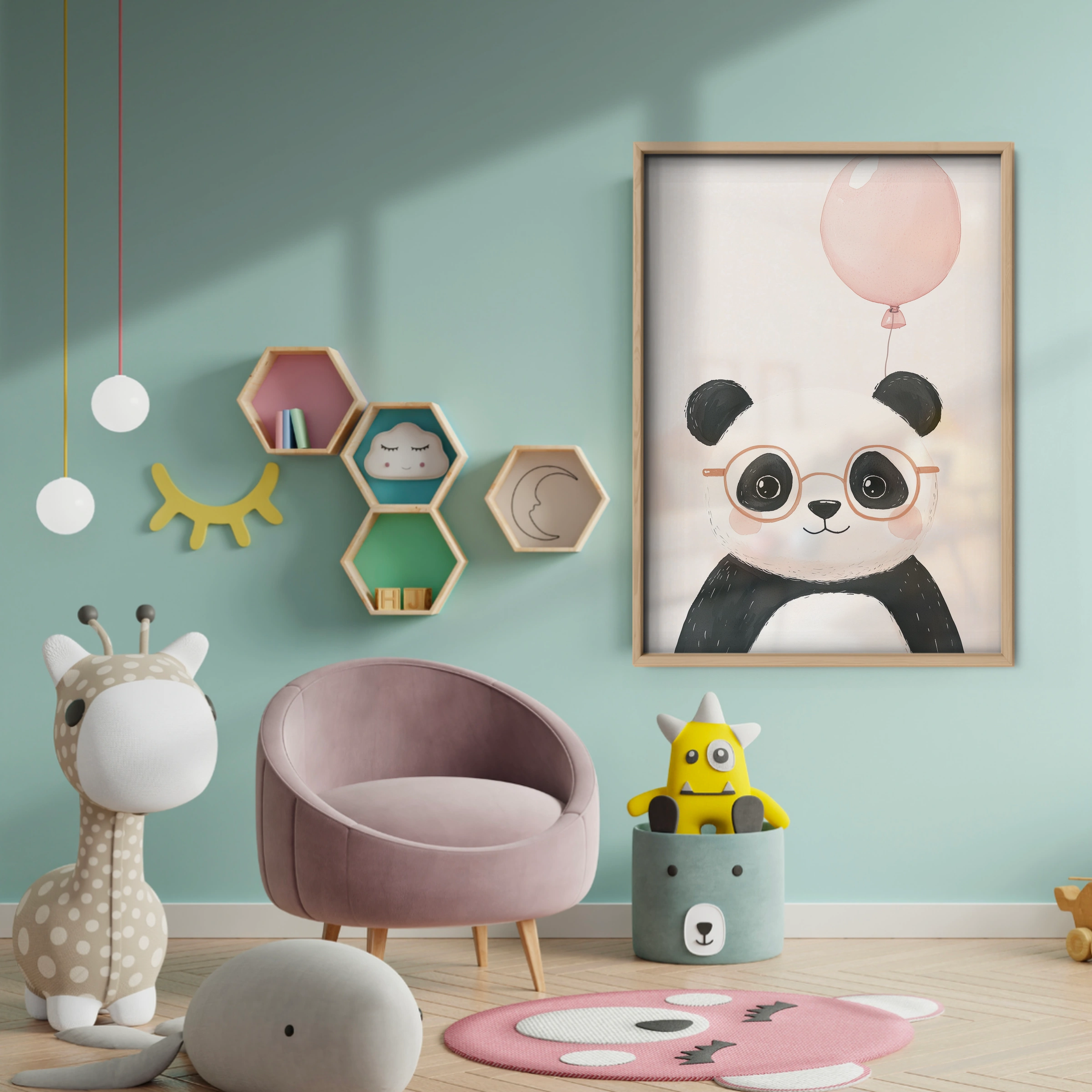 Panda with Balloon Nursery Print - baby room wall decor print