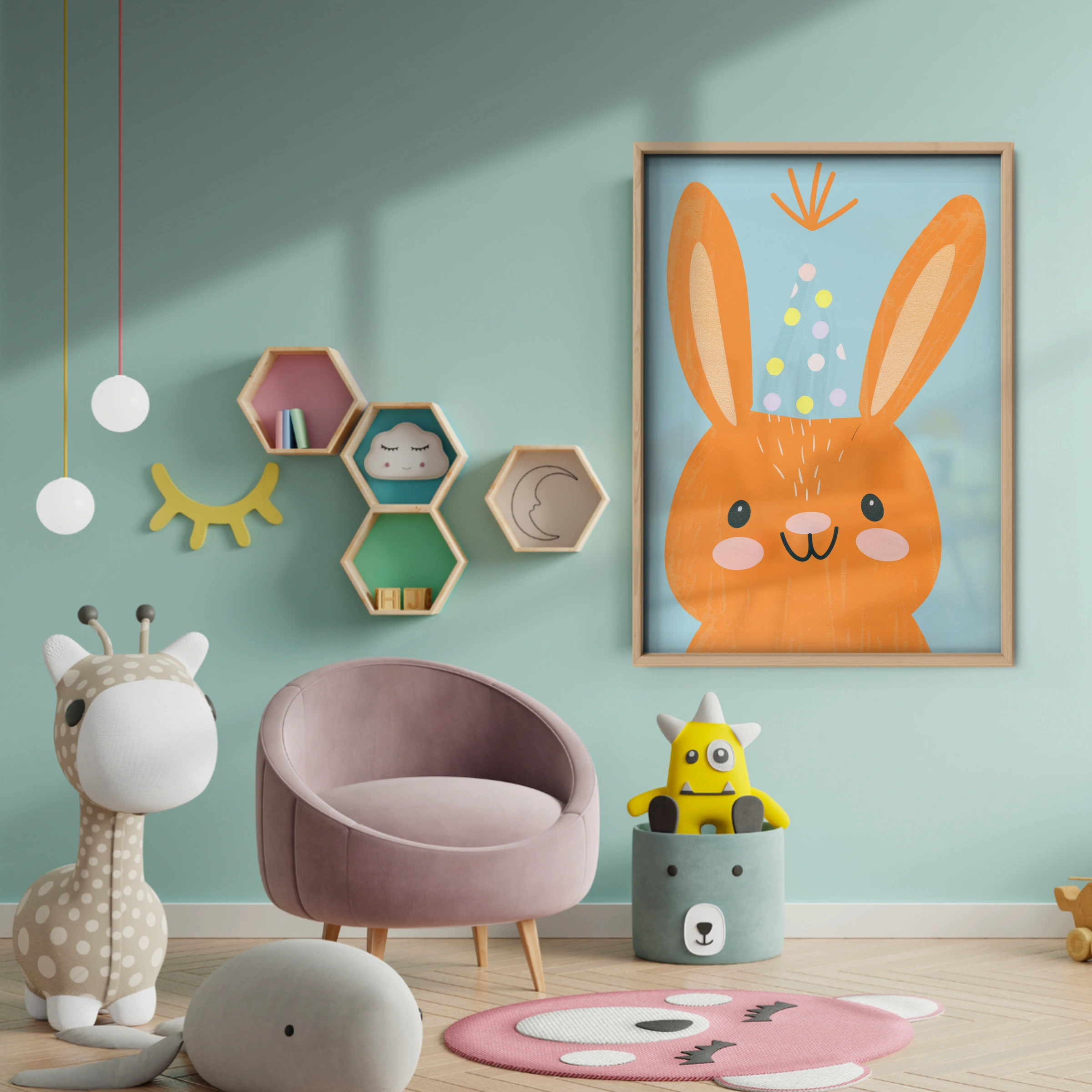 Party Bunny Nursery Print - baby room wall decor print