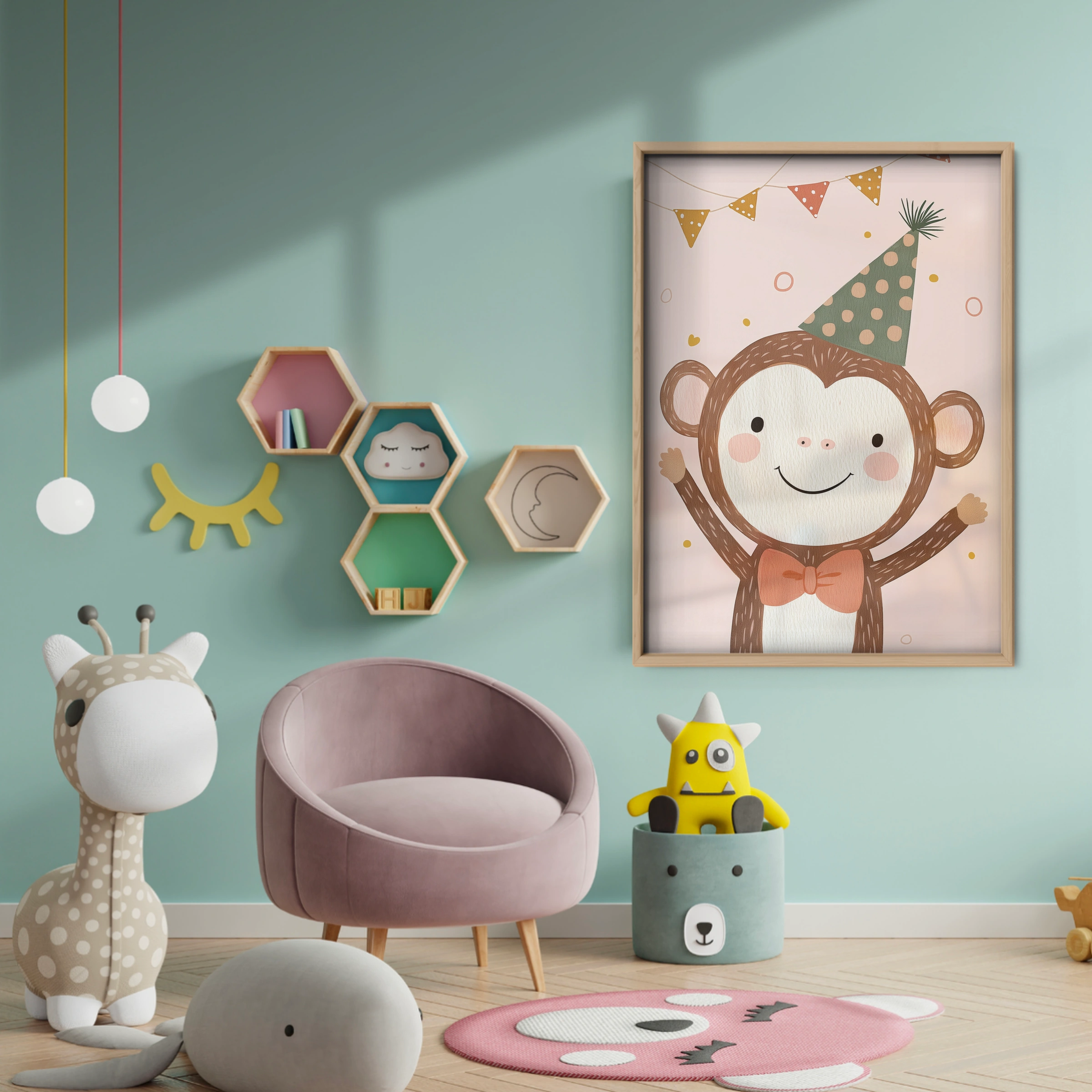 Party Monkey Nursery Print - baby room wall decor print