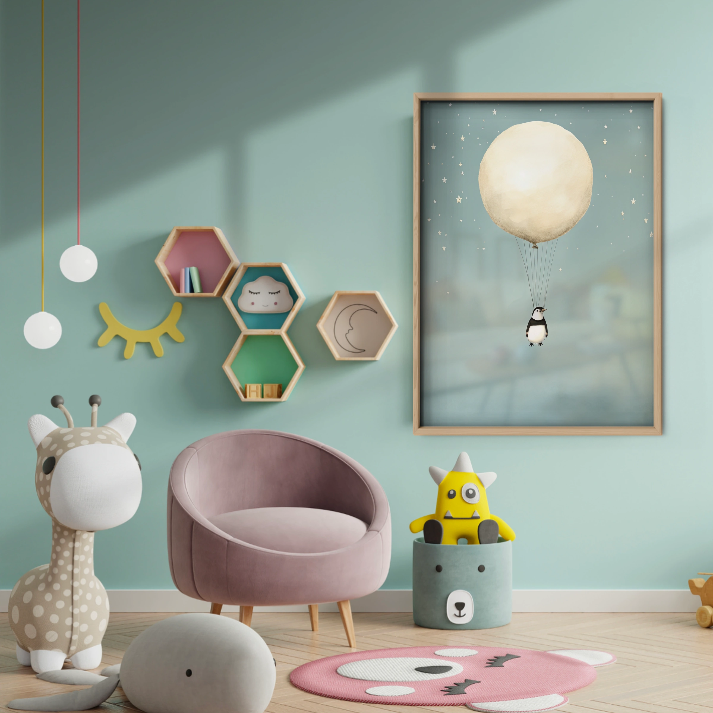 Penguin Balloon Nursery Print - baby room wall decor print