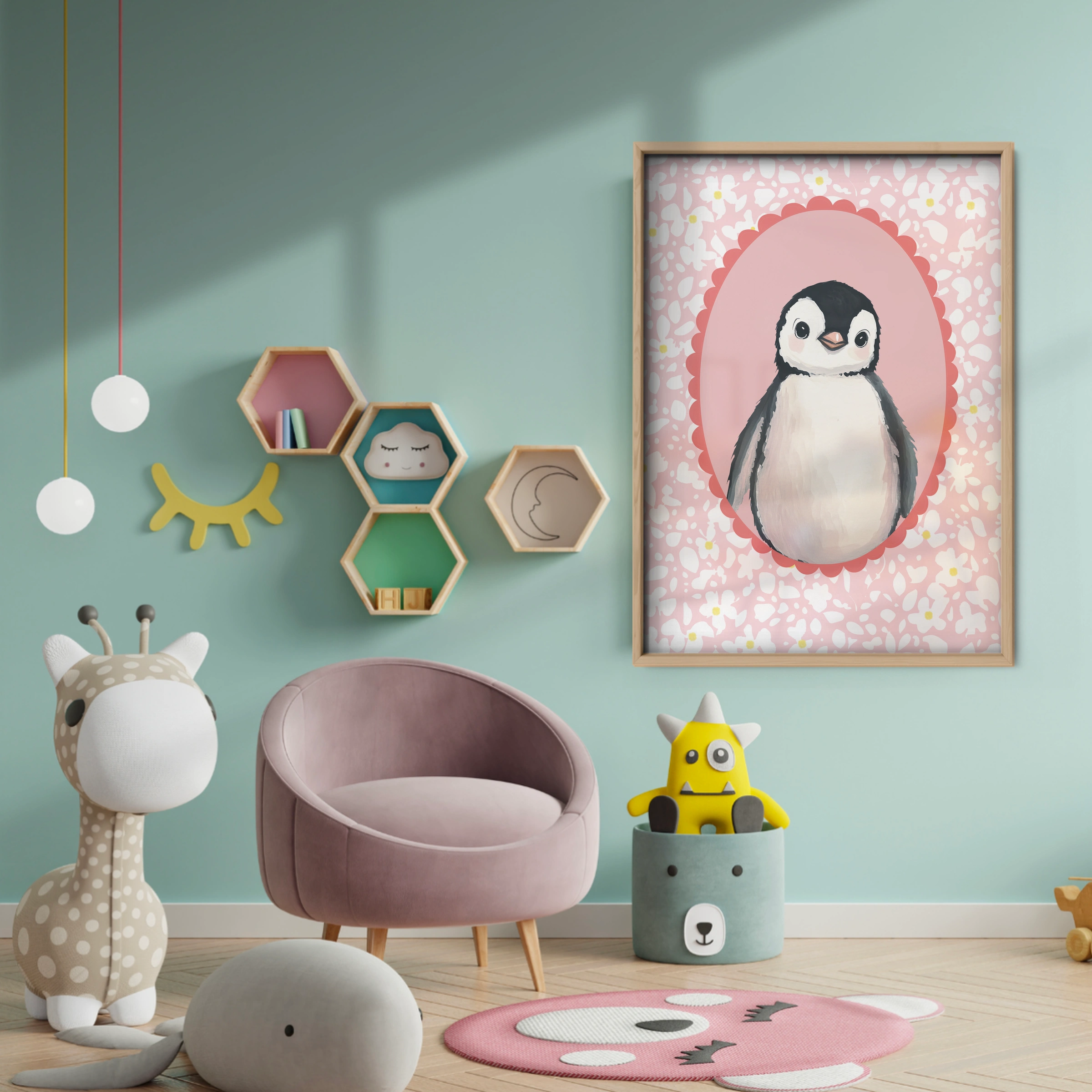 Penguin Cameo Nursery Print - baby room wall decor print