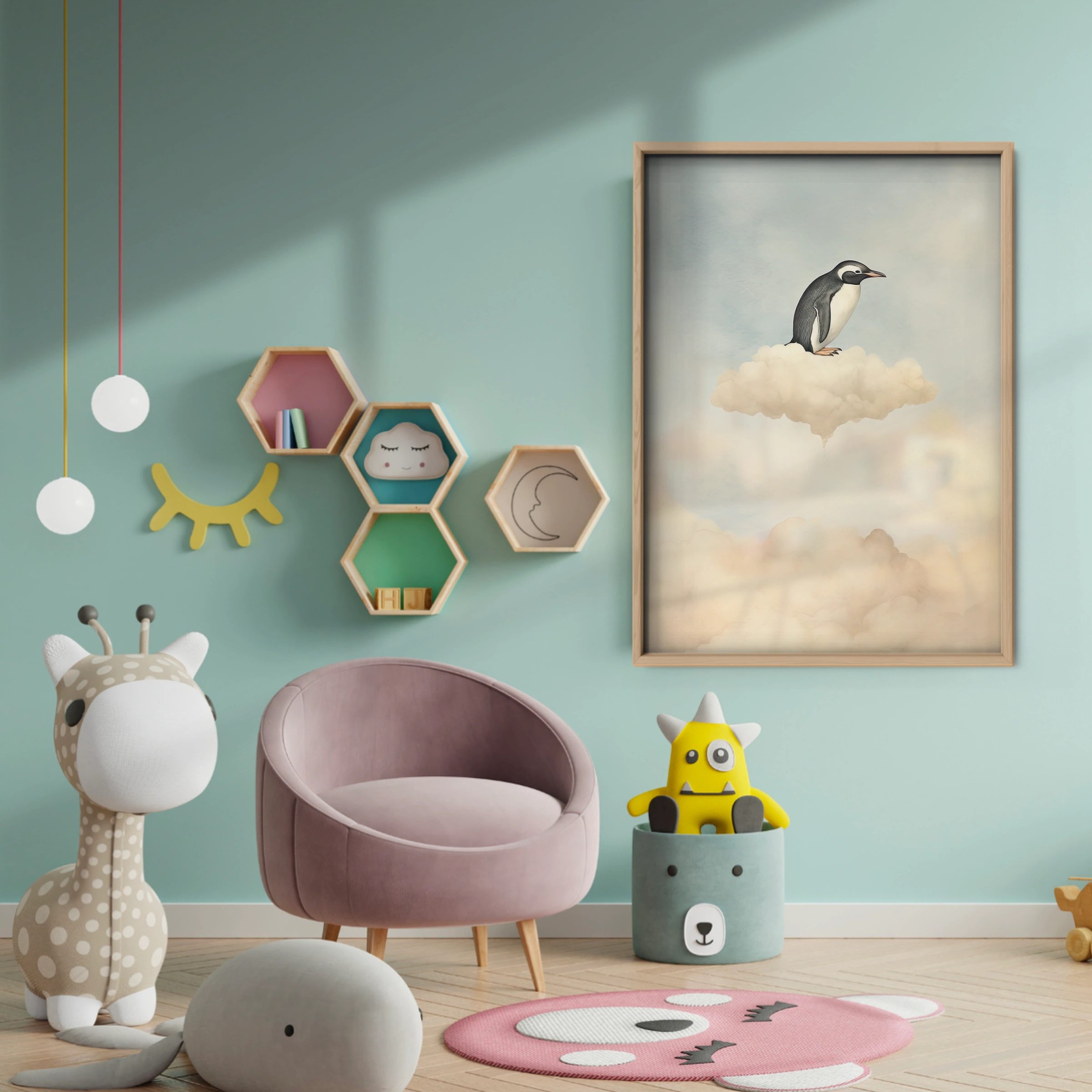 Penguin on a Cloud Nursery Print - baby room wall decor print