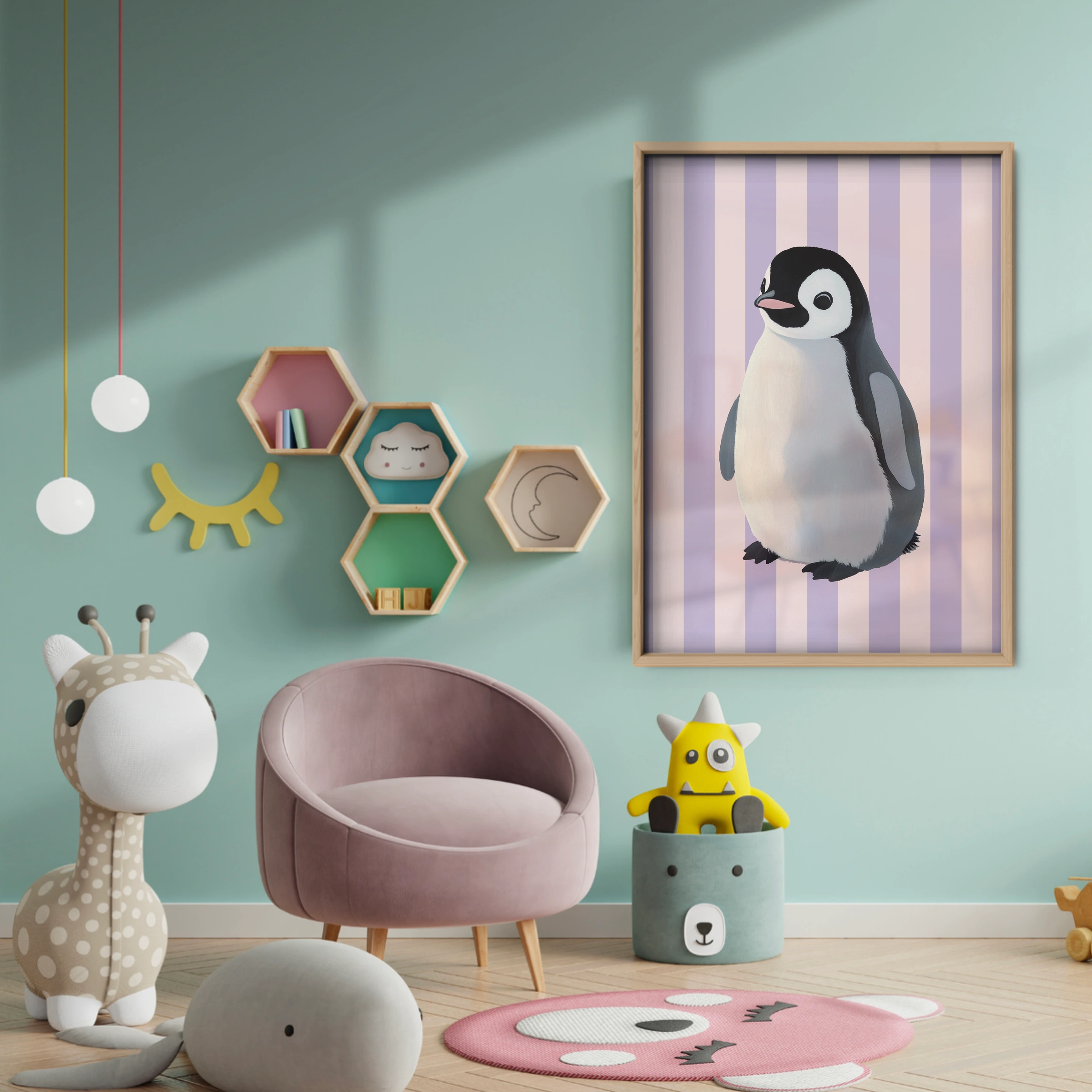 Penguin on Stripes Nursery Print - baby room wall decor print
