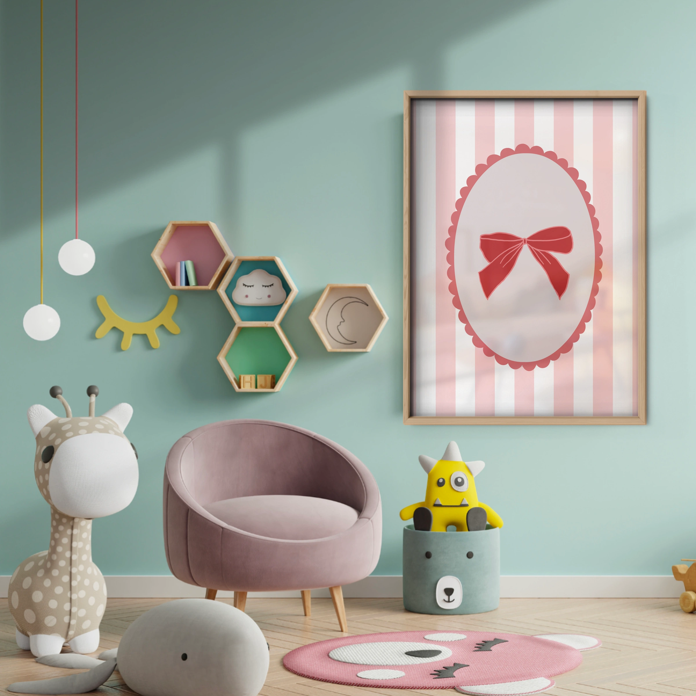 Pink Bow Cameo Nursery Print - baby room wall decor print