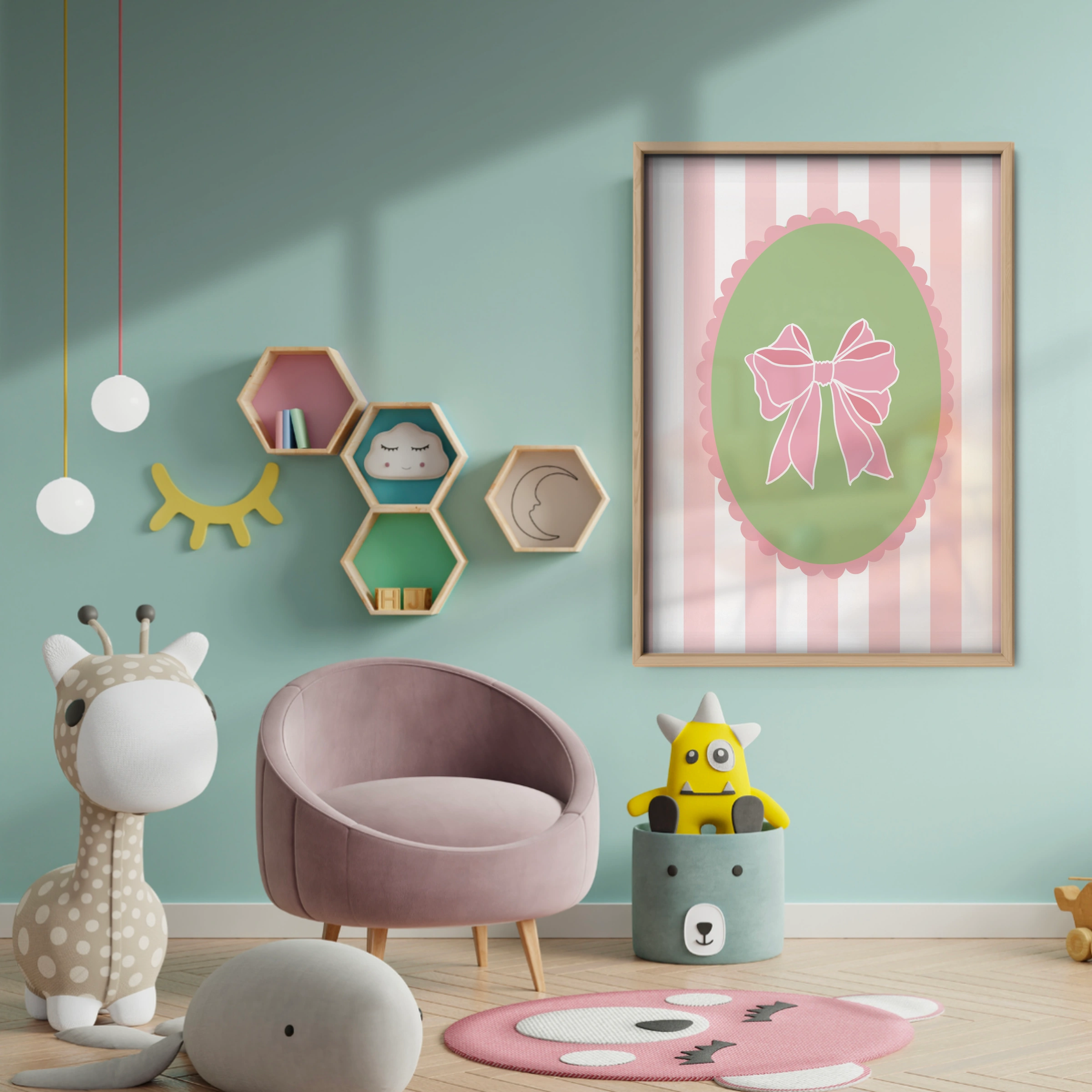 Pink Bow Cameo Three Nursery Print - baby room wall decor print