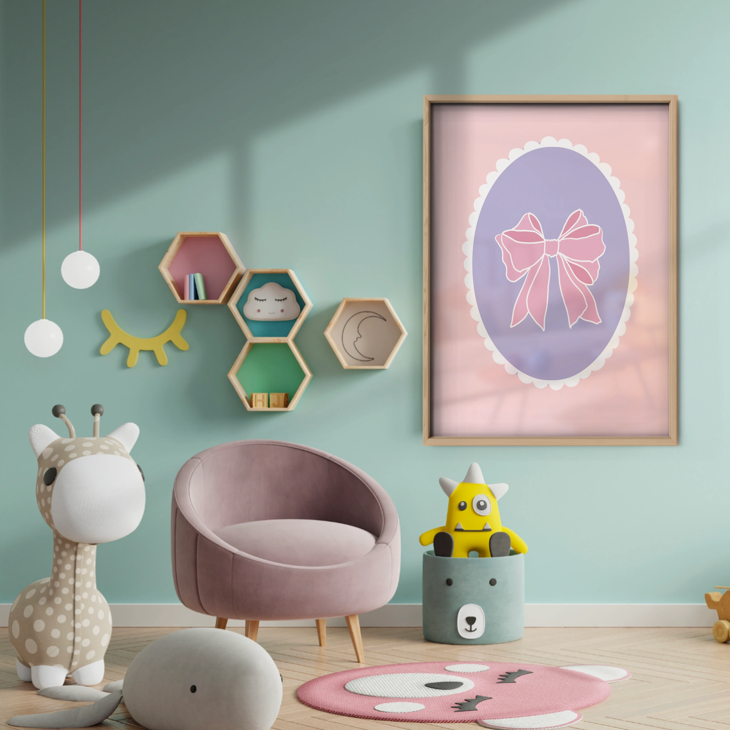 Pink Bow Cameo Two Nursery Print - baby room wall decor print