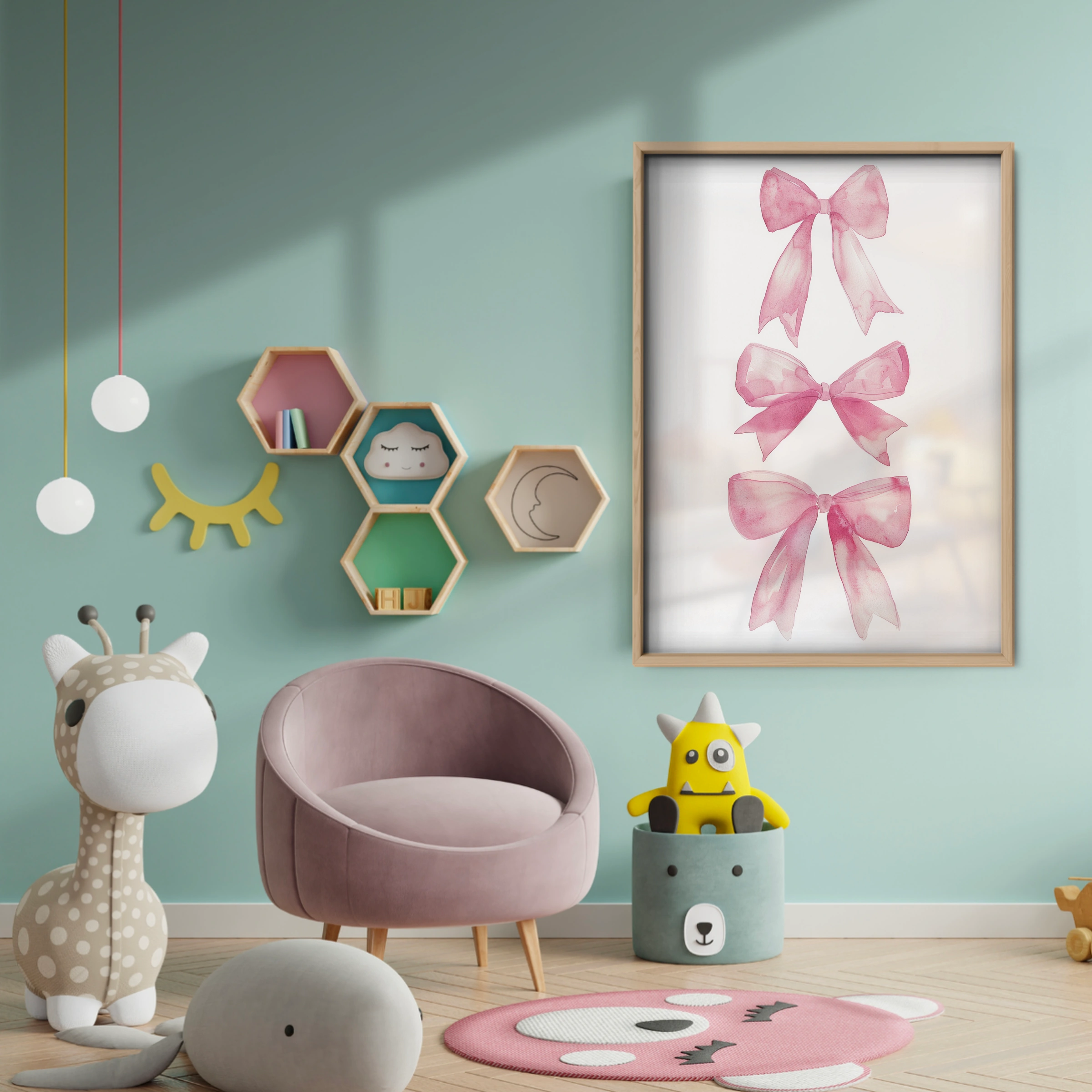 Pink Bows Trio Nursery Print - baby room wall decor print