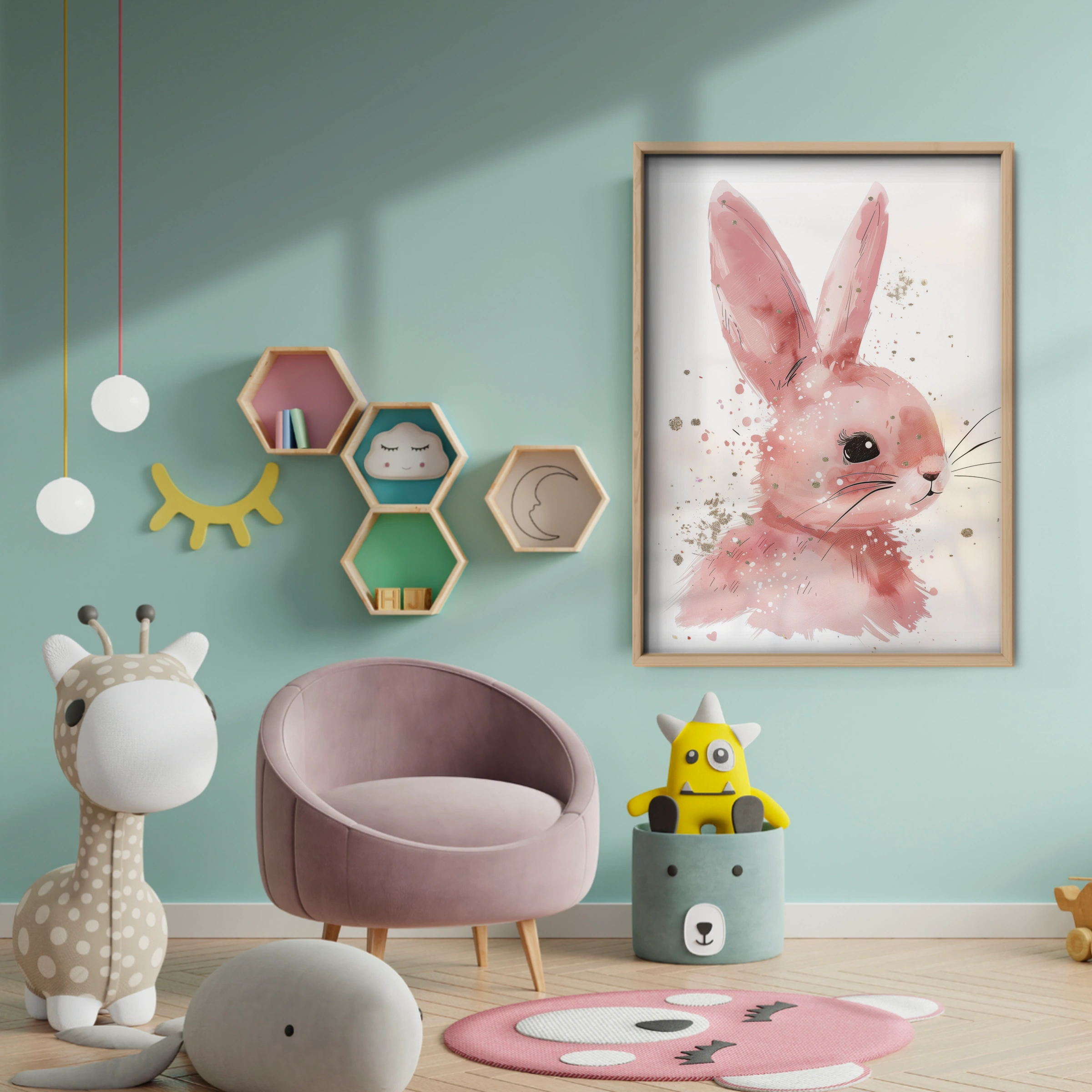 Pink Bunny Nursery Print - baby room wall decor print