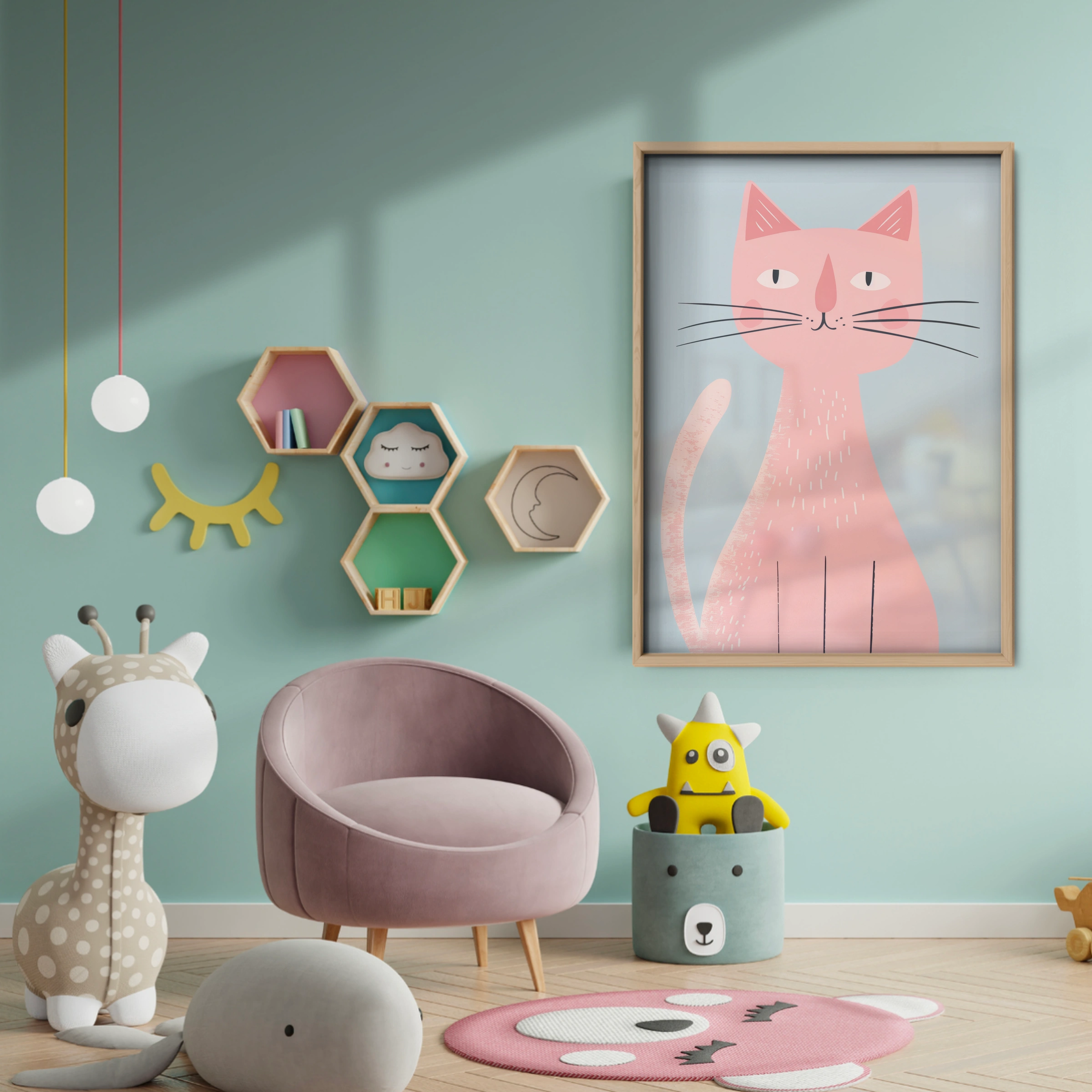 Pink Cat Nursery Print - baby room wall decor print