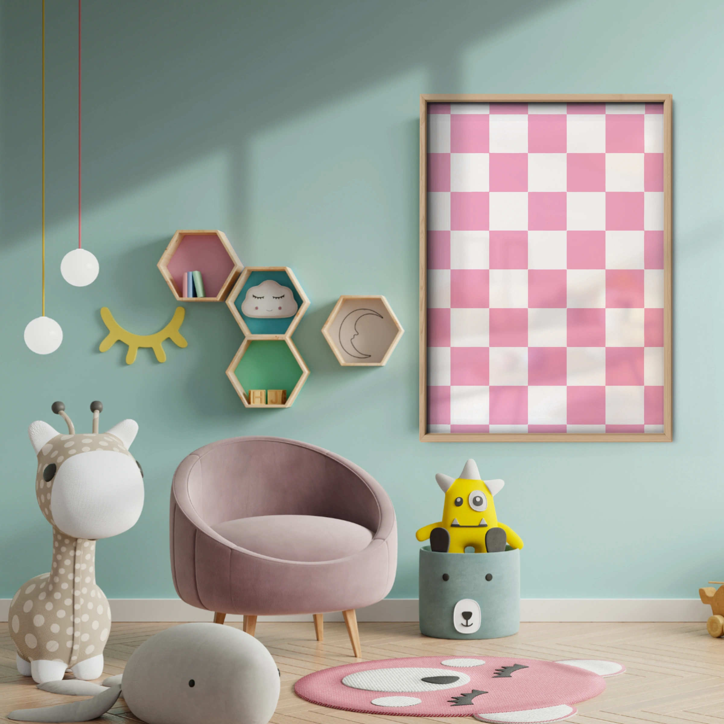 Pink Checkerboard Nursery Print - baby room wall decor print