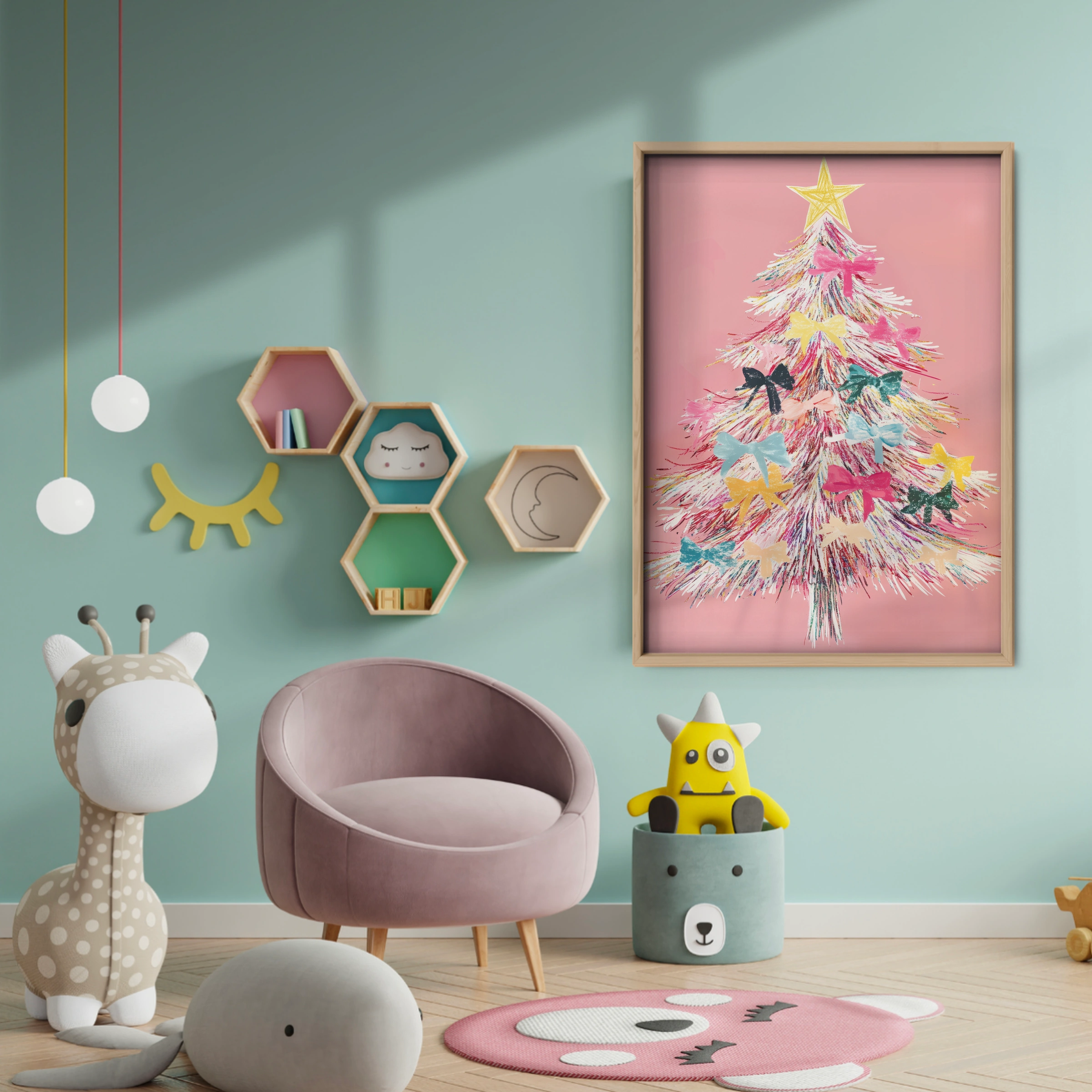 Pink Christmas Tree Print - baby room wall decor print