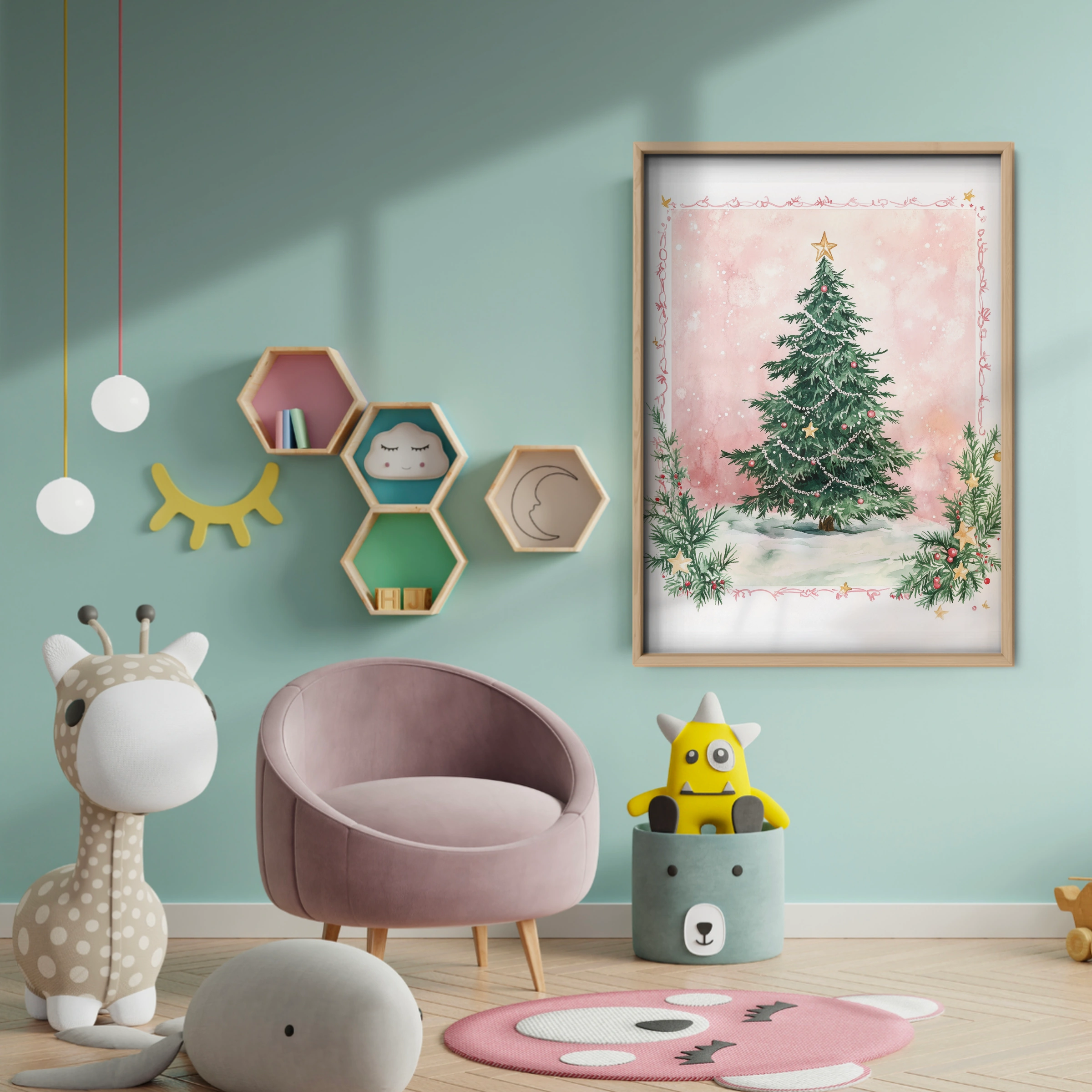 Pink Christmas Tree Two Print - baby room wall decor print