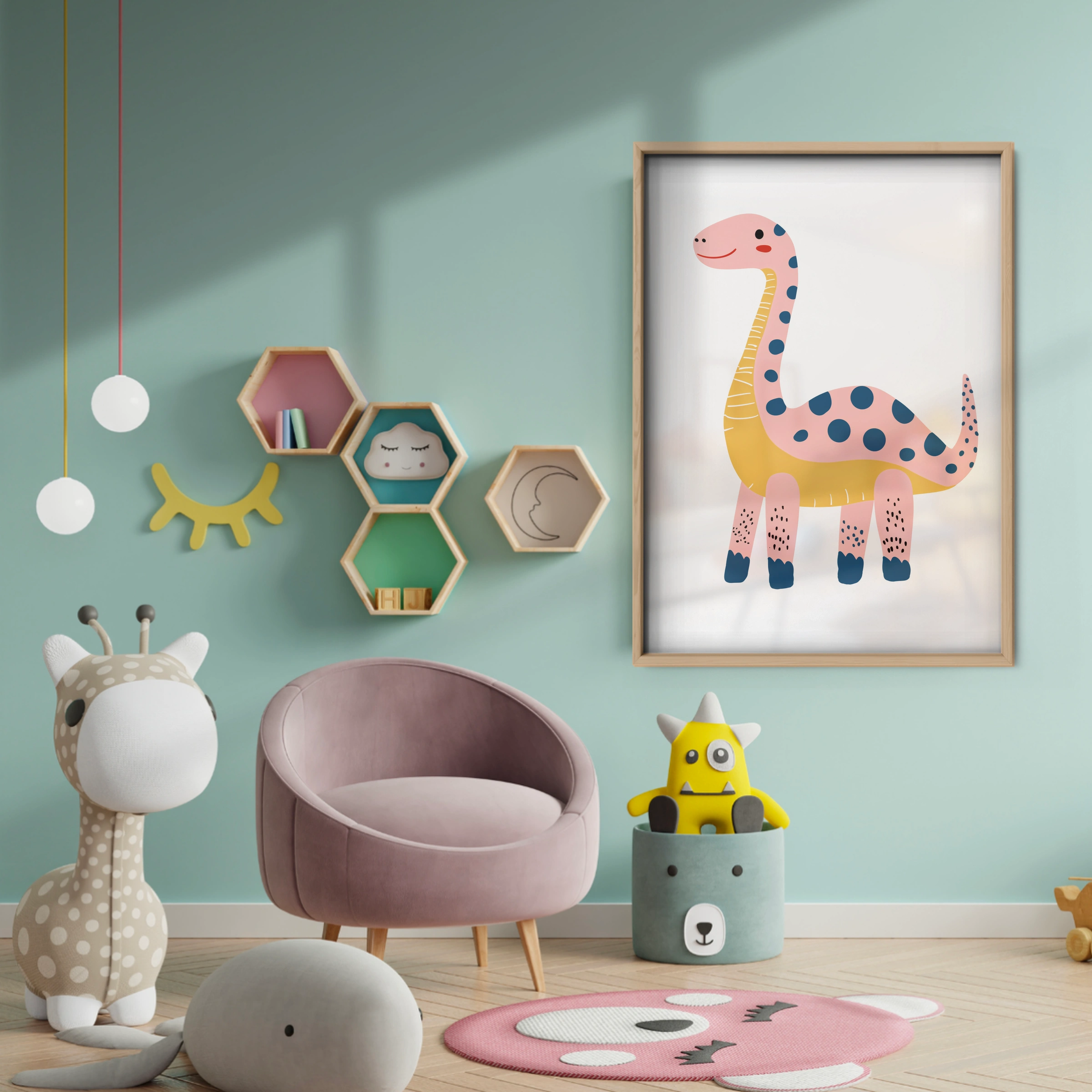 Pink Dino Nursery Print - baby room wall decor print
