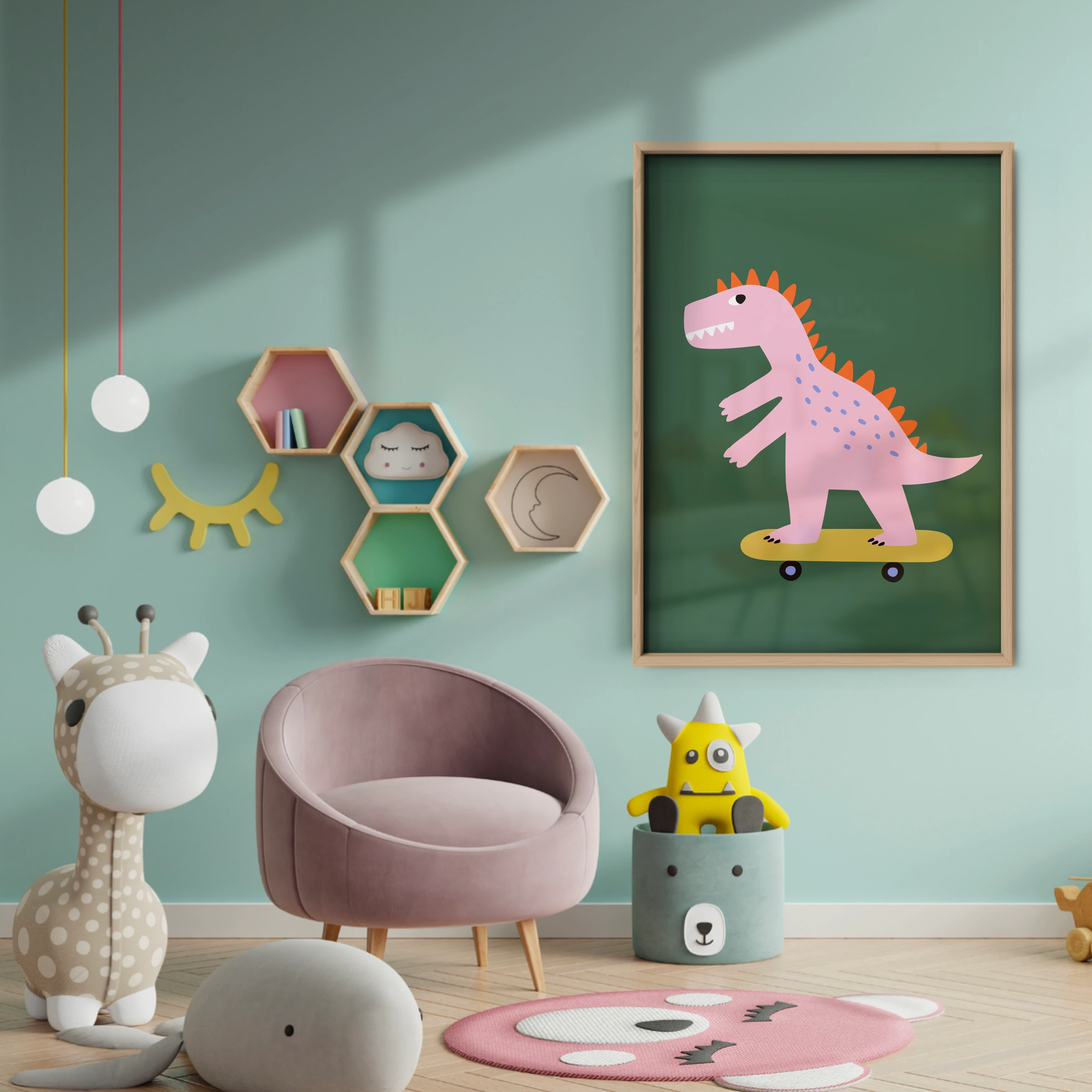 Pink Dinosaur Nursery Print - baby room wall decor print