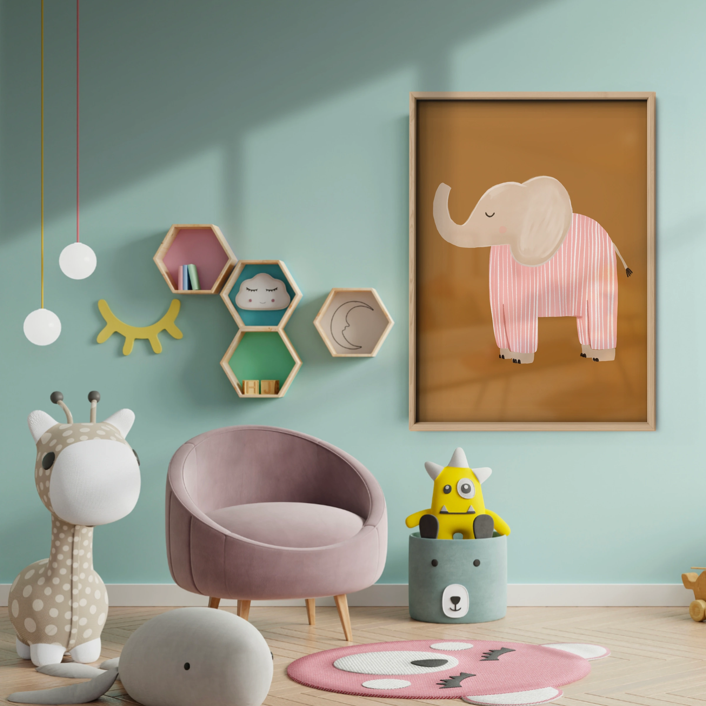 Pink Elephant Nursery Print - baby room wall decor print