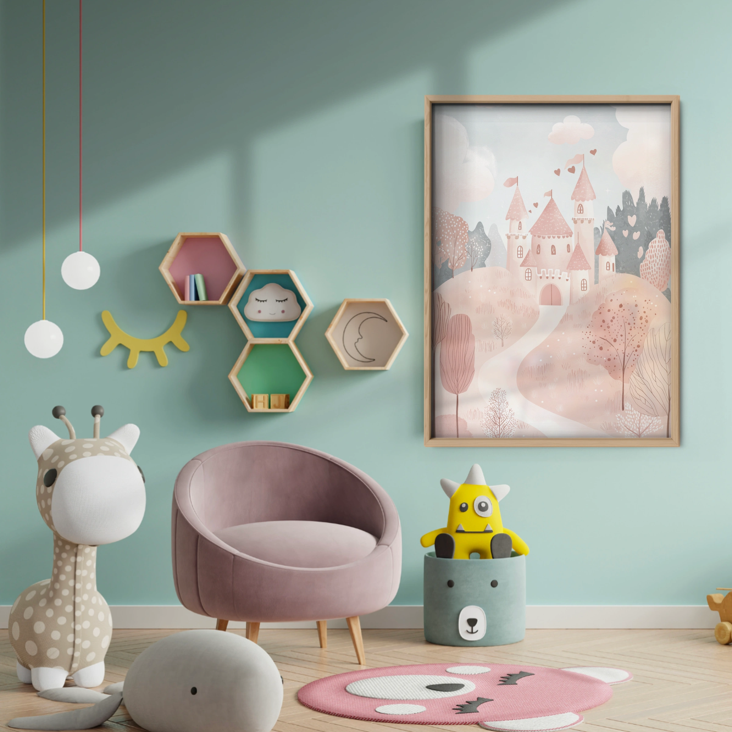Pink Fairytale Castle Nursery Print - baby room wall decor print