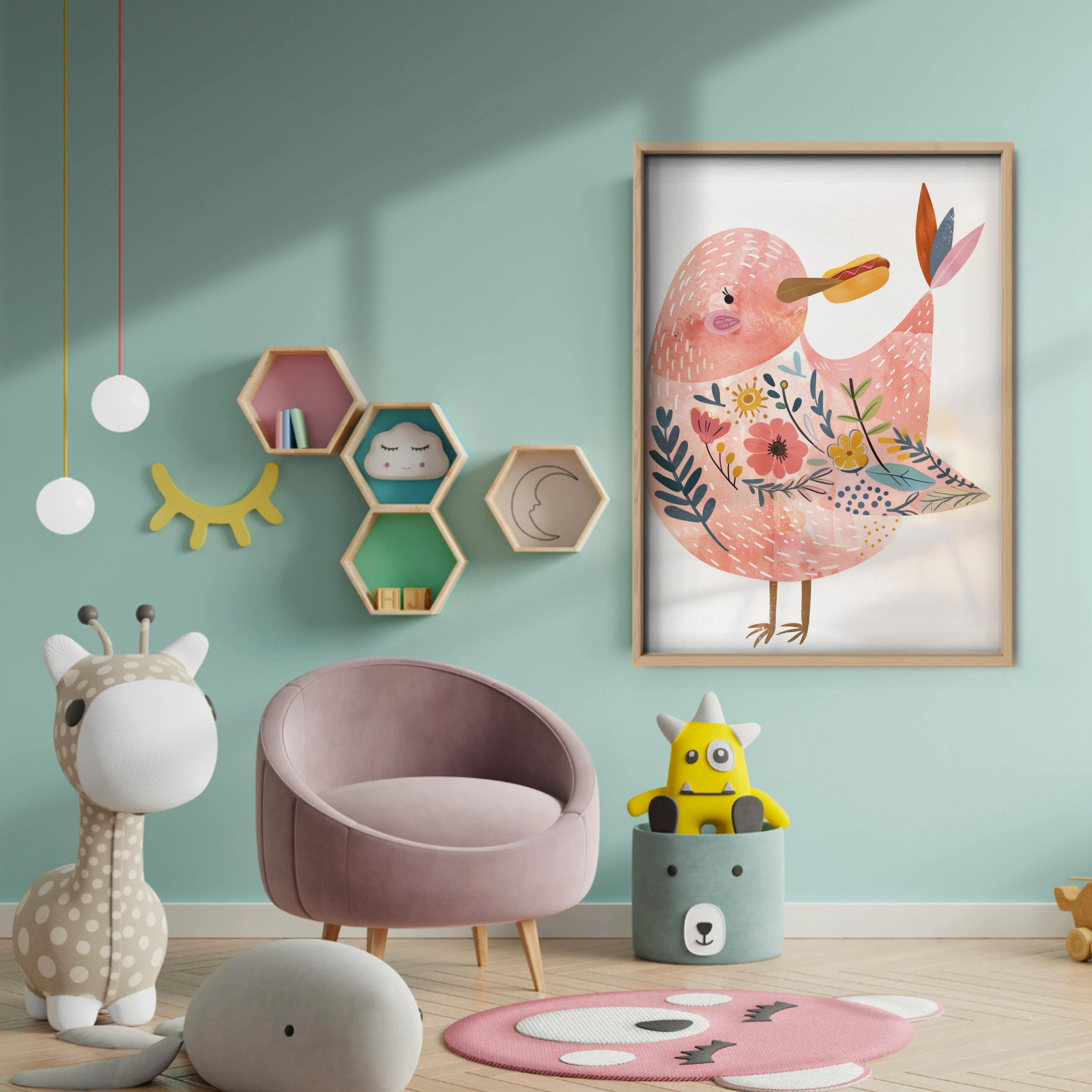 Pink Folk Bird Nursery Print - baby room wall decor print