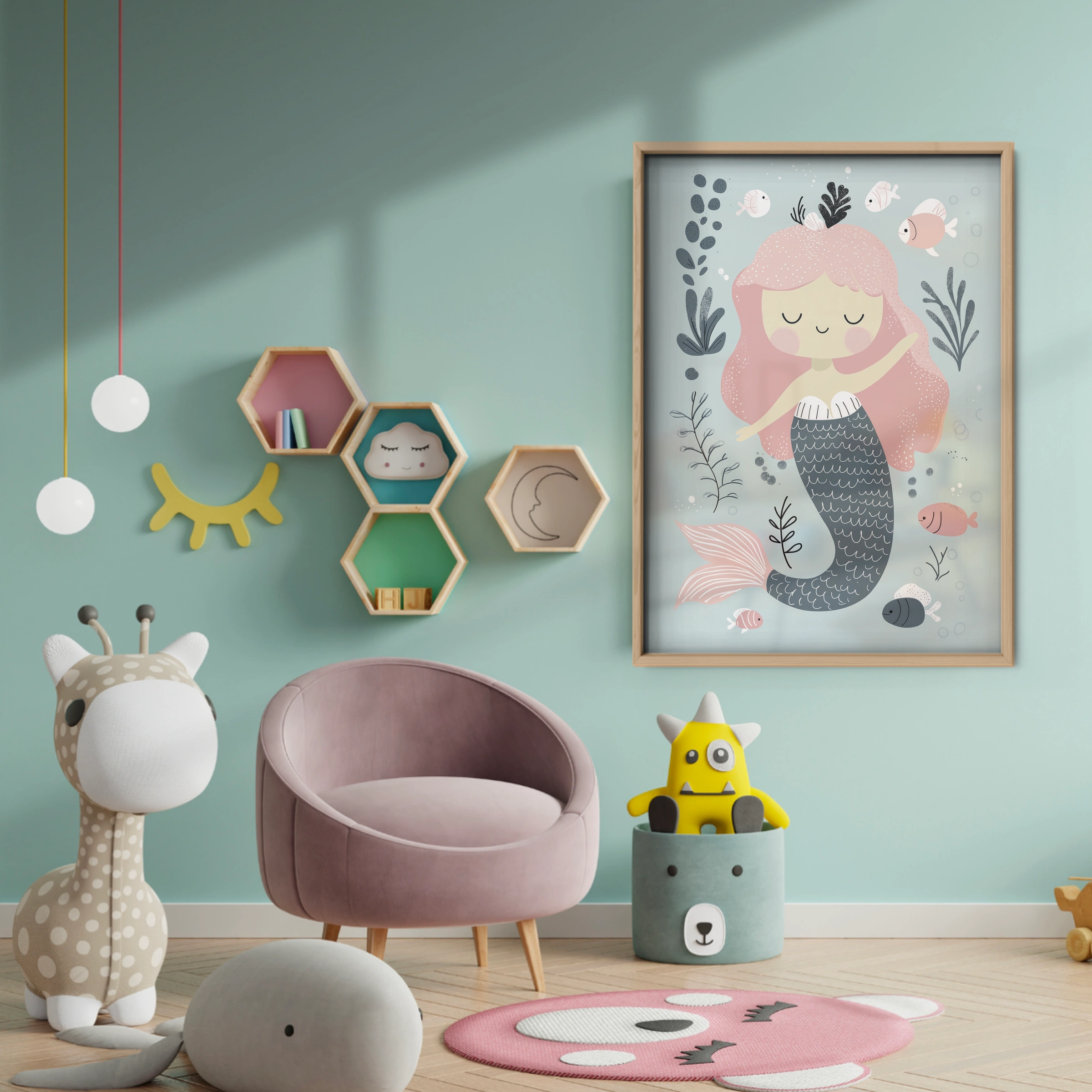 Pink Mermaid Nursery Print - baby room wall decor print