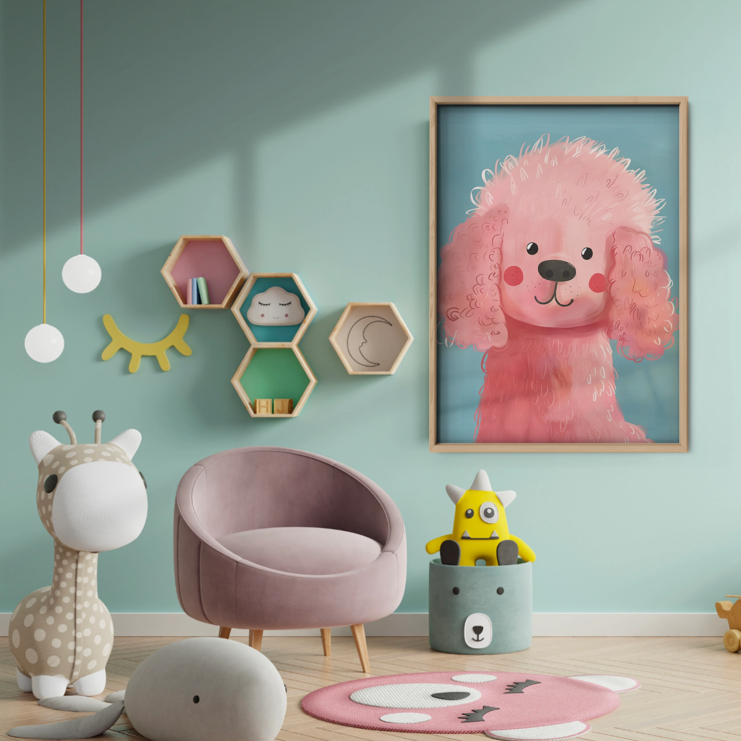Pink Poodle Portrait Nursery Print - baby room wall decor print