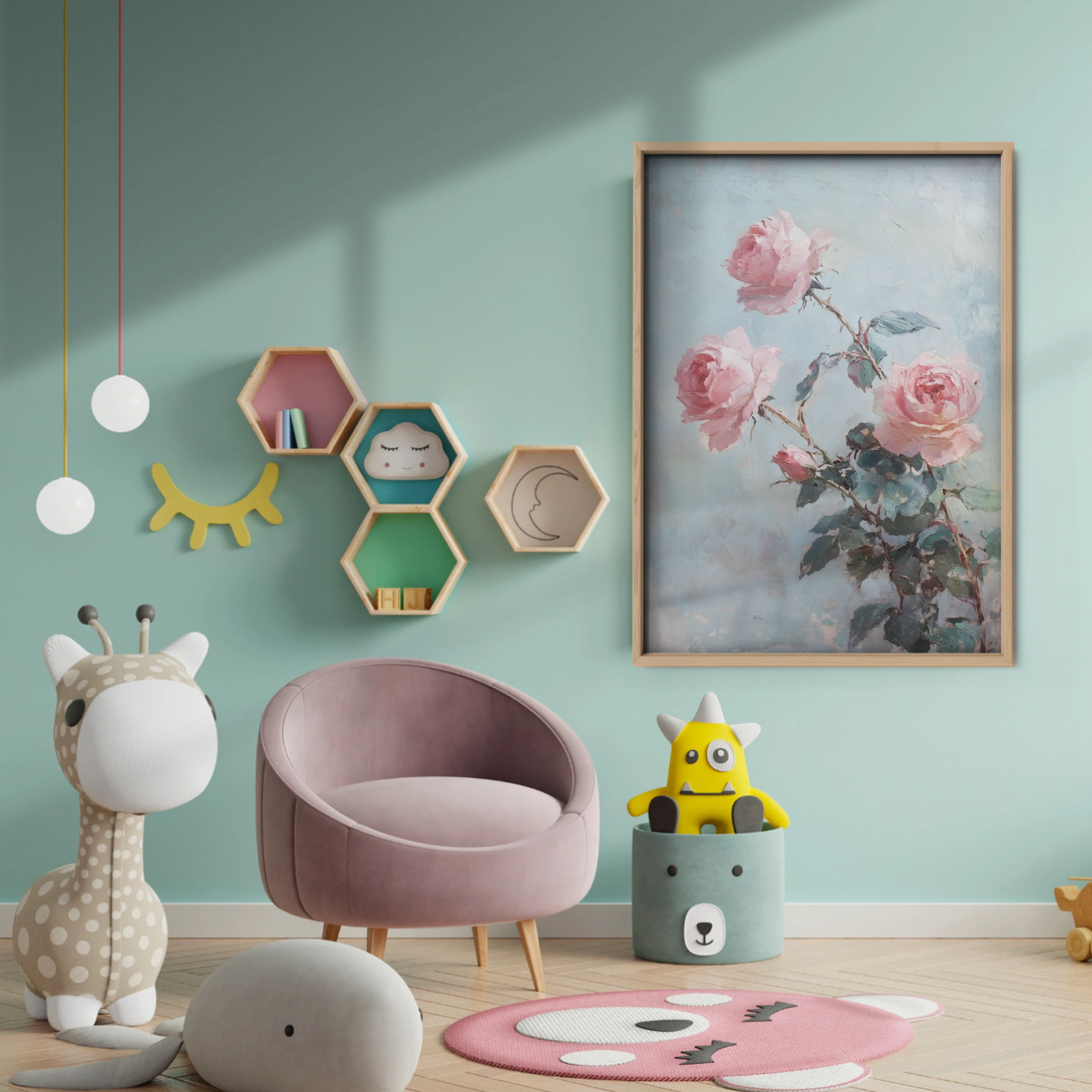 Pink Roses in Bloom Nursery Print - baby room wall decor print