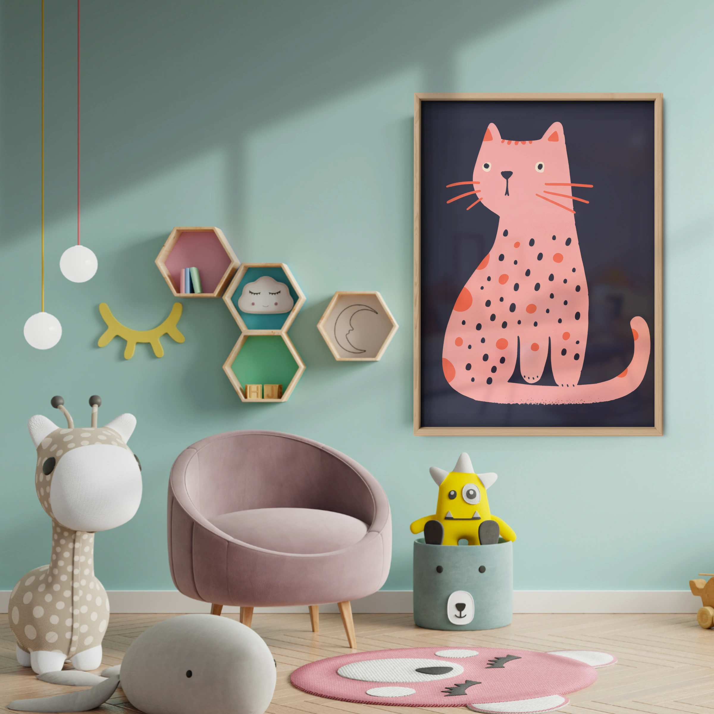 Pink Spotty Cat Nursery Print - baby room wall decor print