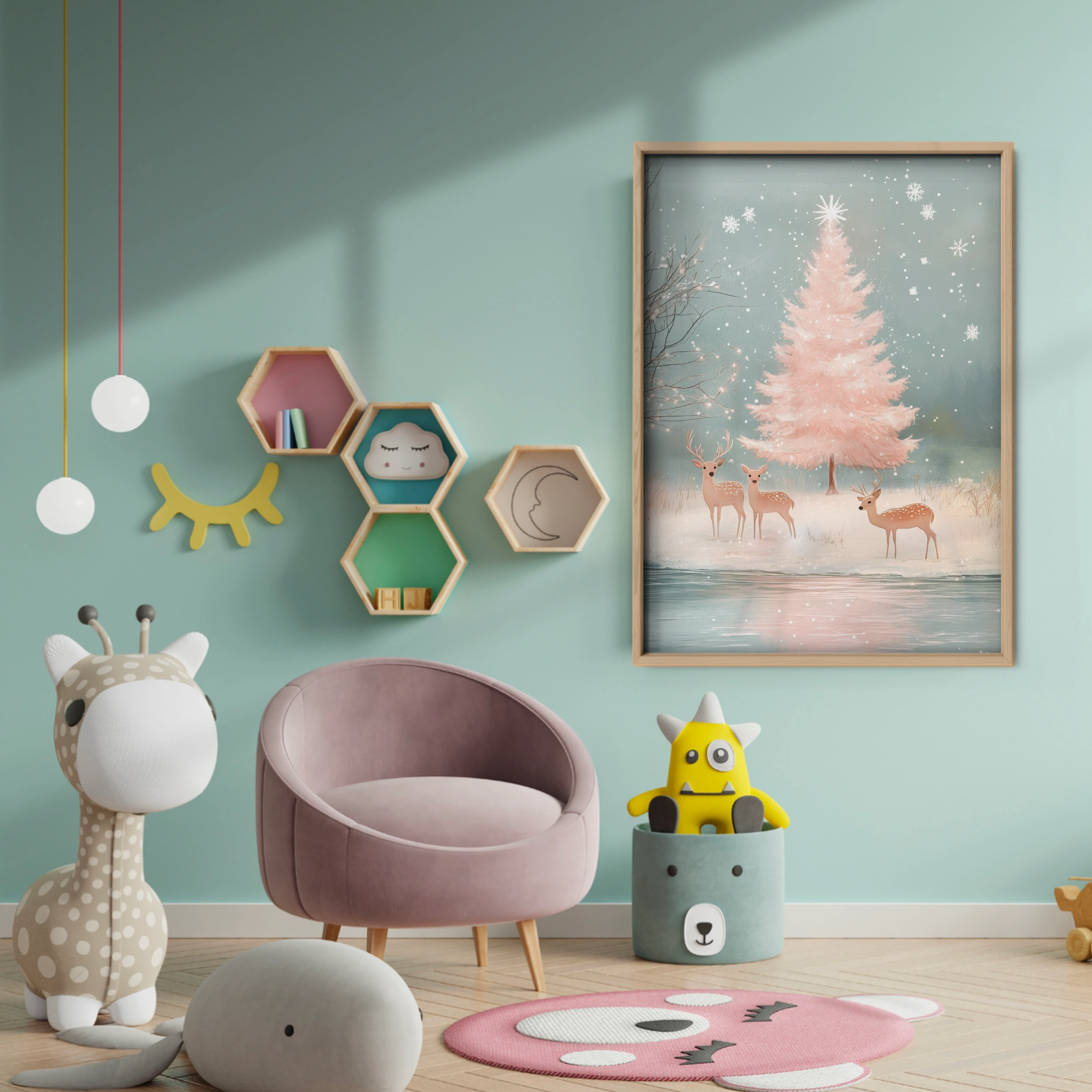Pink Tree with Deer Christmas Print - baby room wall decor print