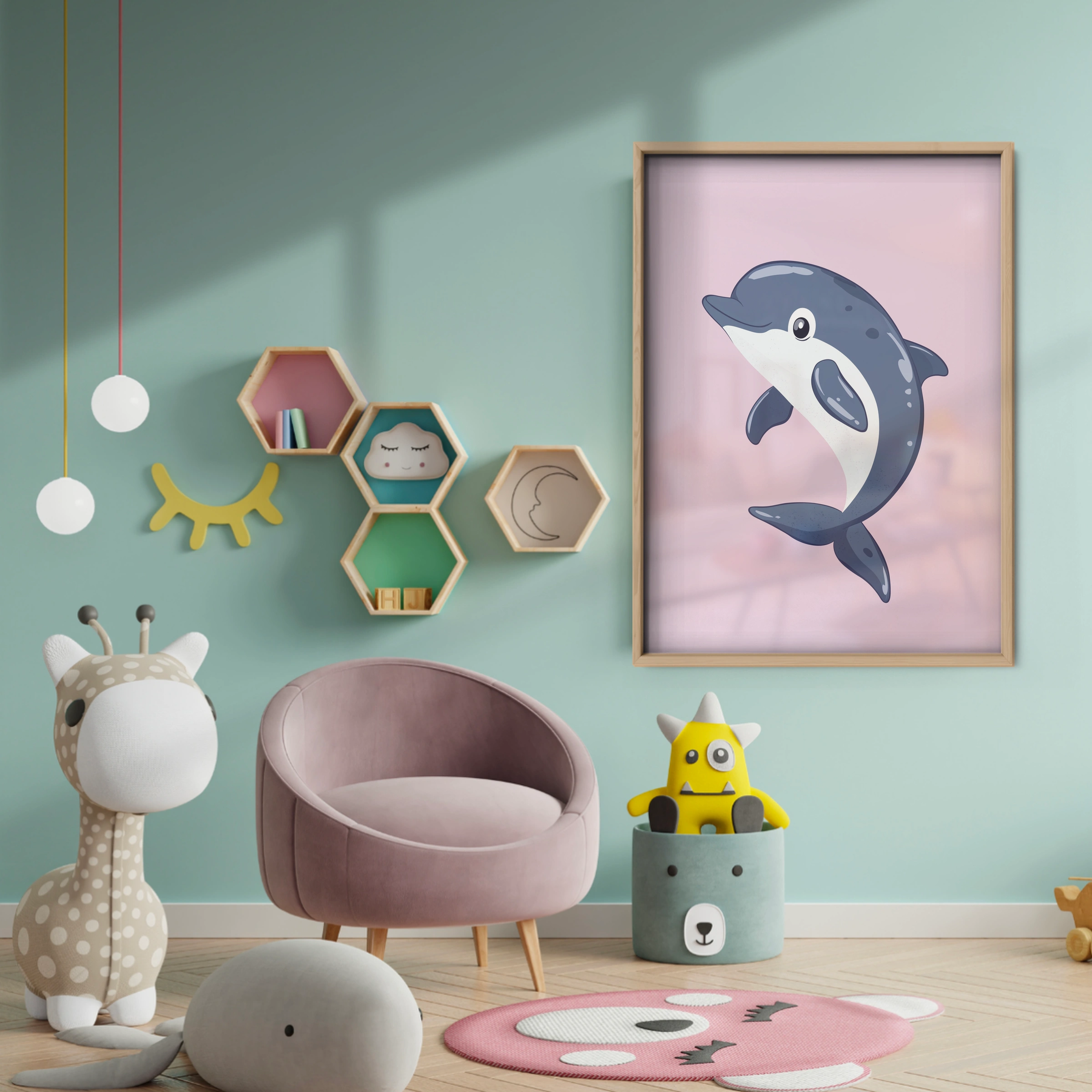 Playful Dolphin Nursery Print - baby room wall decor print
