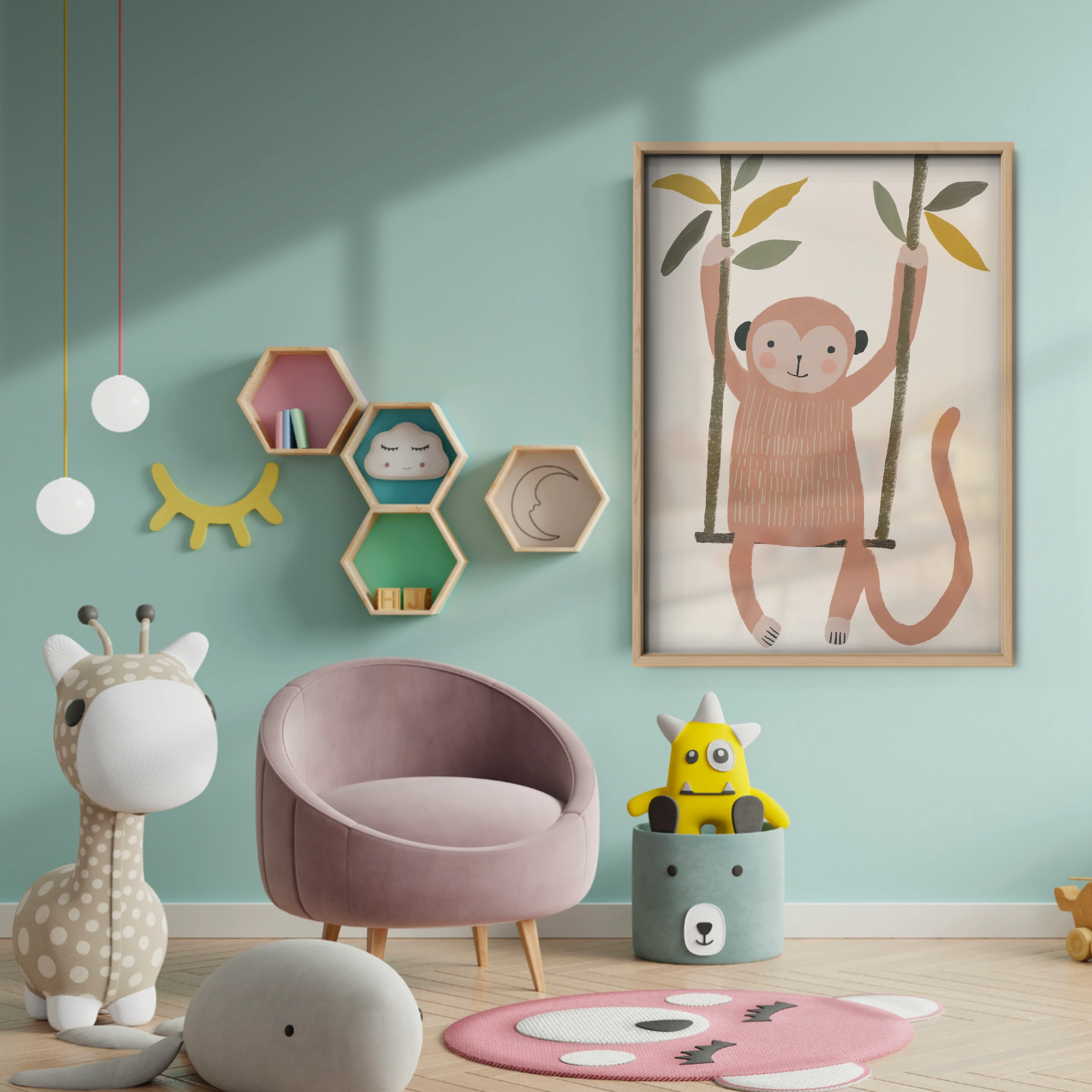Playful Monkey Nursery Print - baby room wall decor print