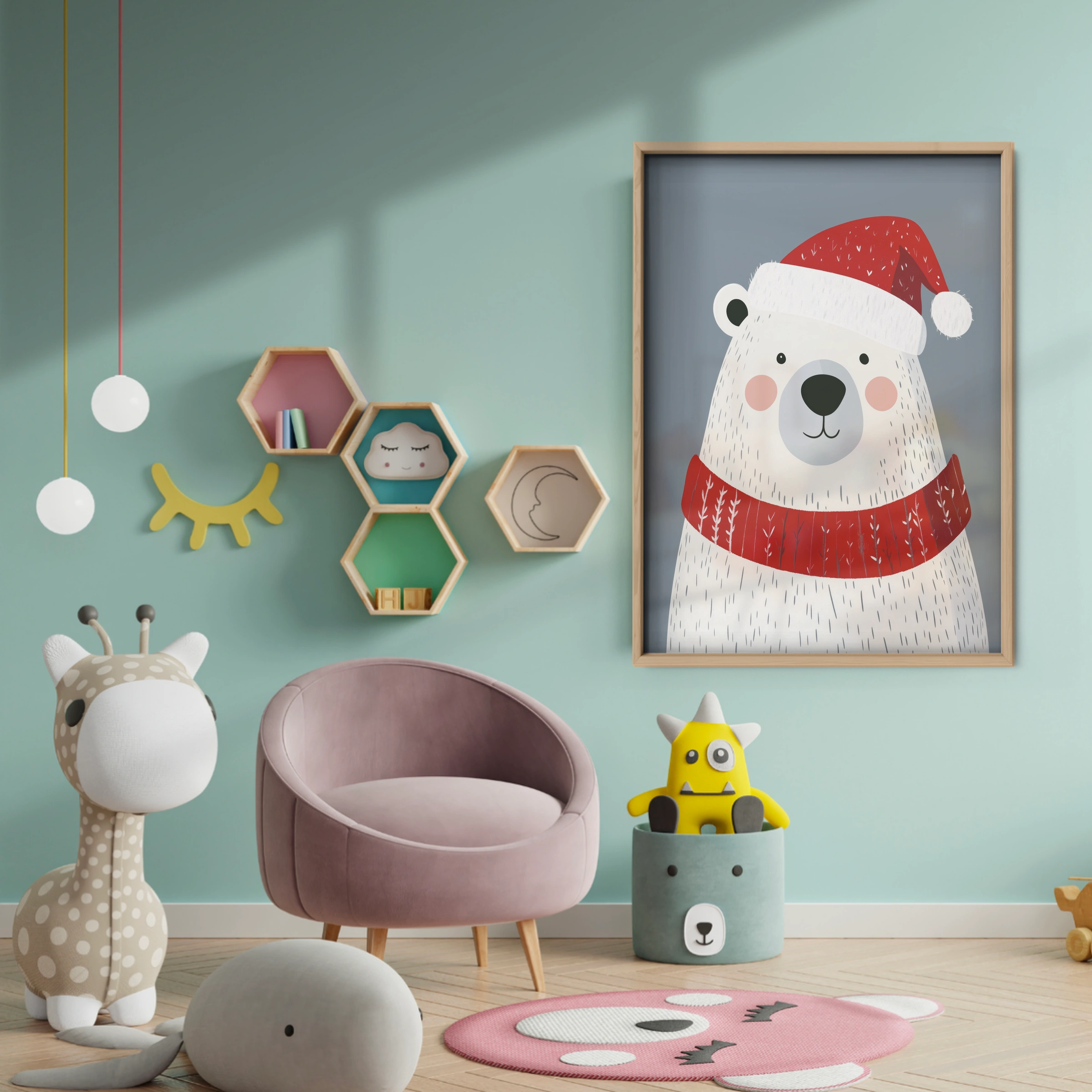 Polar Bear in a Santa Hat Christmas Print - baby room wall decor print
