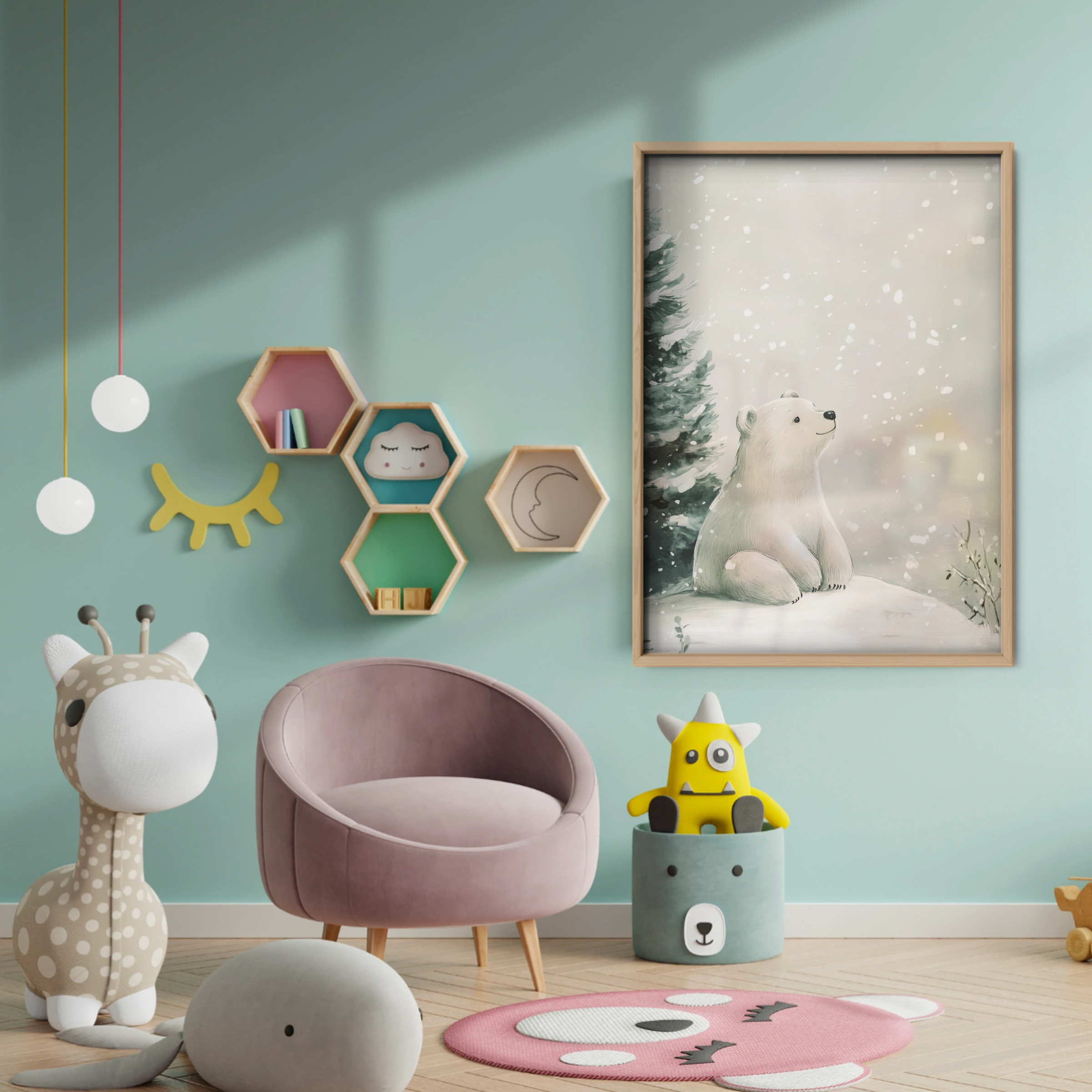 Polar Bear in the Forest Christmas Print - baby room wall decor print