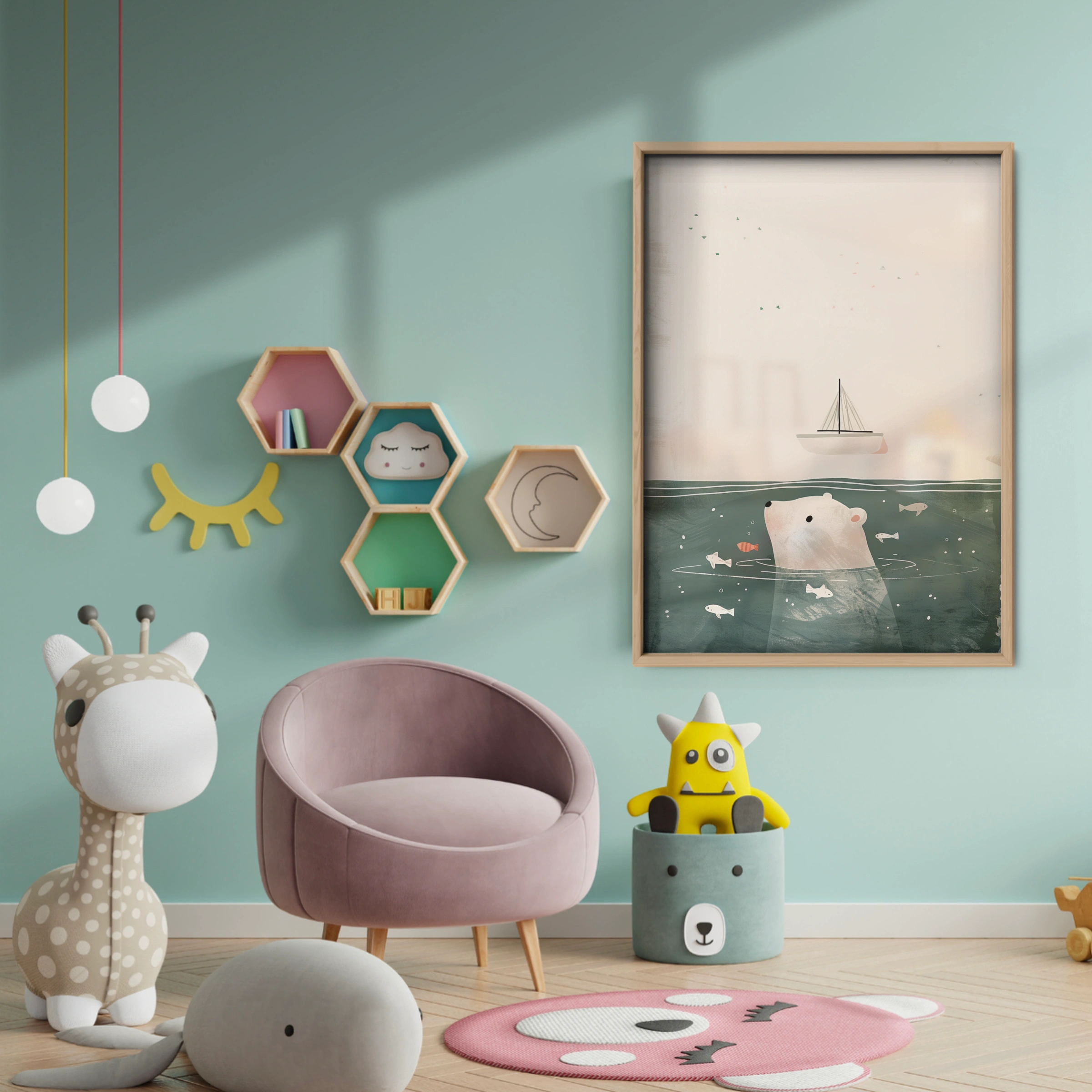 Polar Bear in the Sea Nursery Print - baby room wall decor print