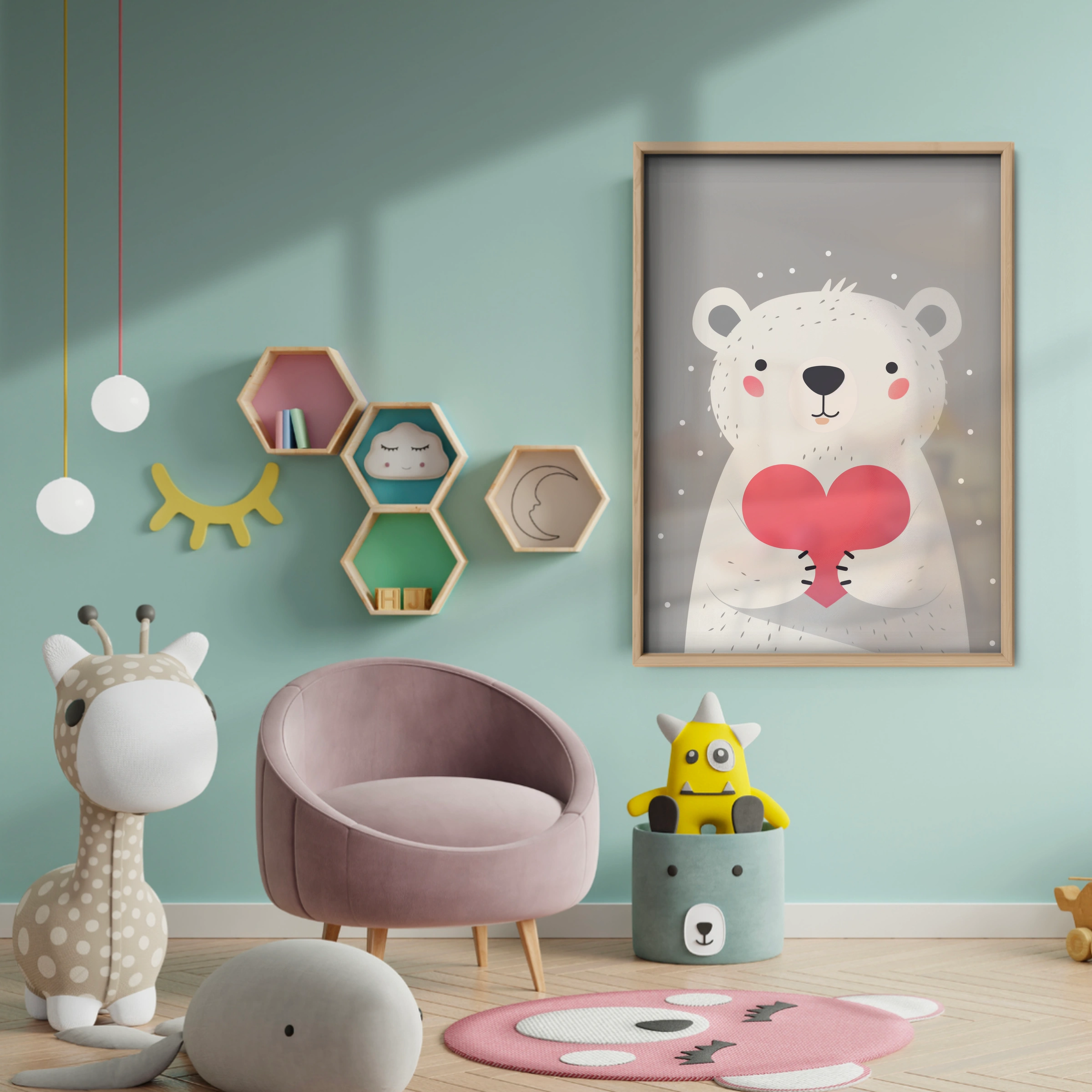 Polar Bear with a Heart Nursery Print - baby room wall decor print