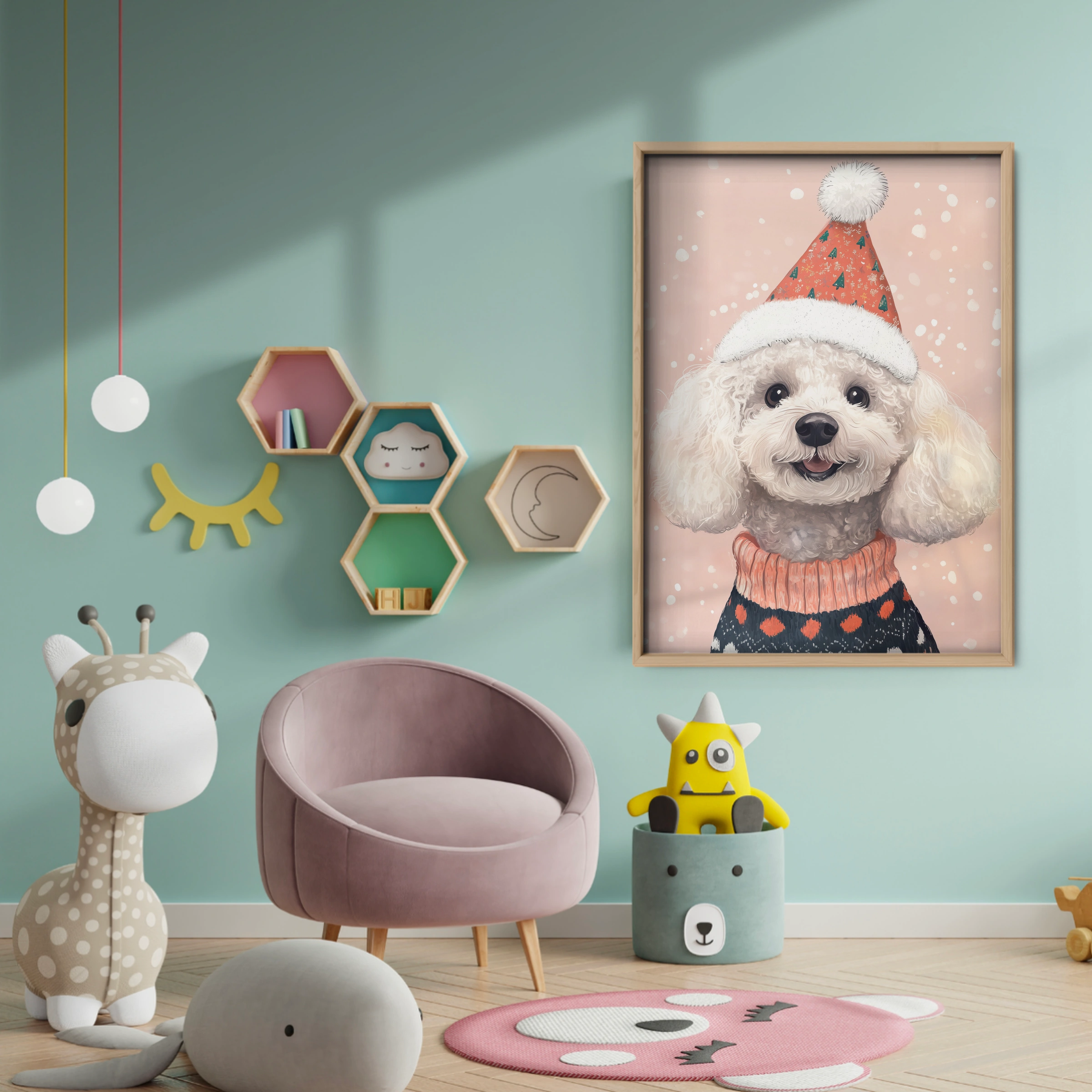 Poodle in a Santa Hat Christmas Print - baby room wall decor print