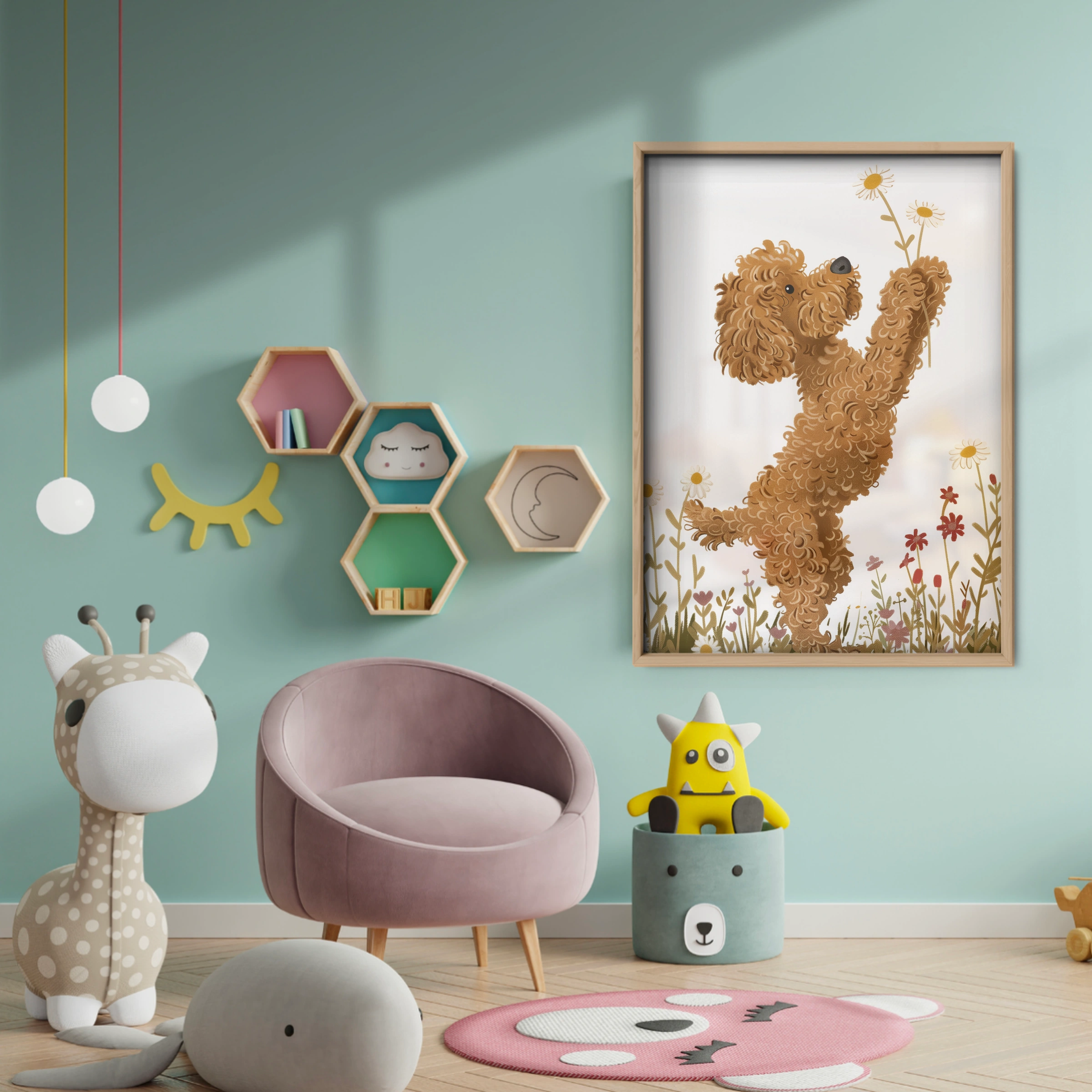 Poodle in Flowers Nursery Print - baby room wall decor print