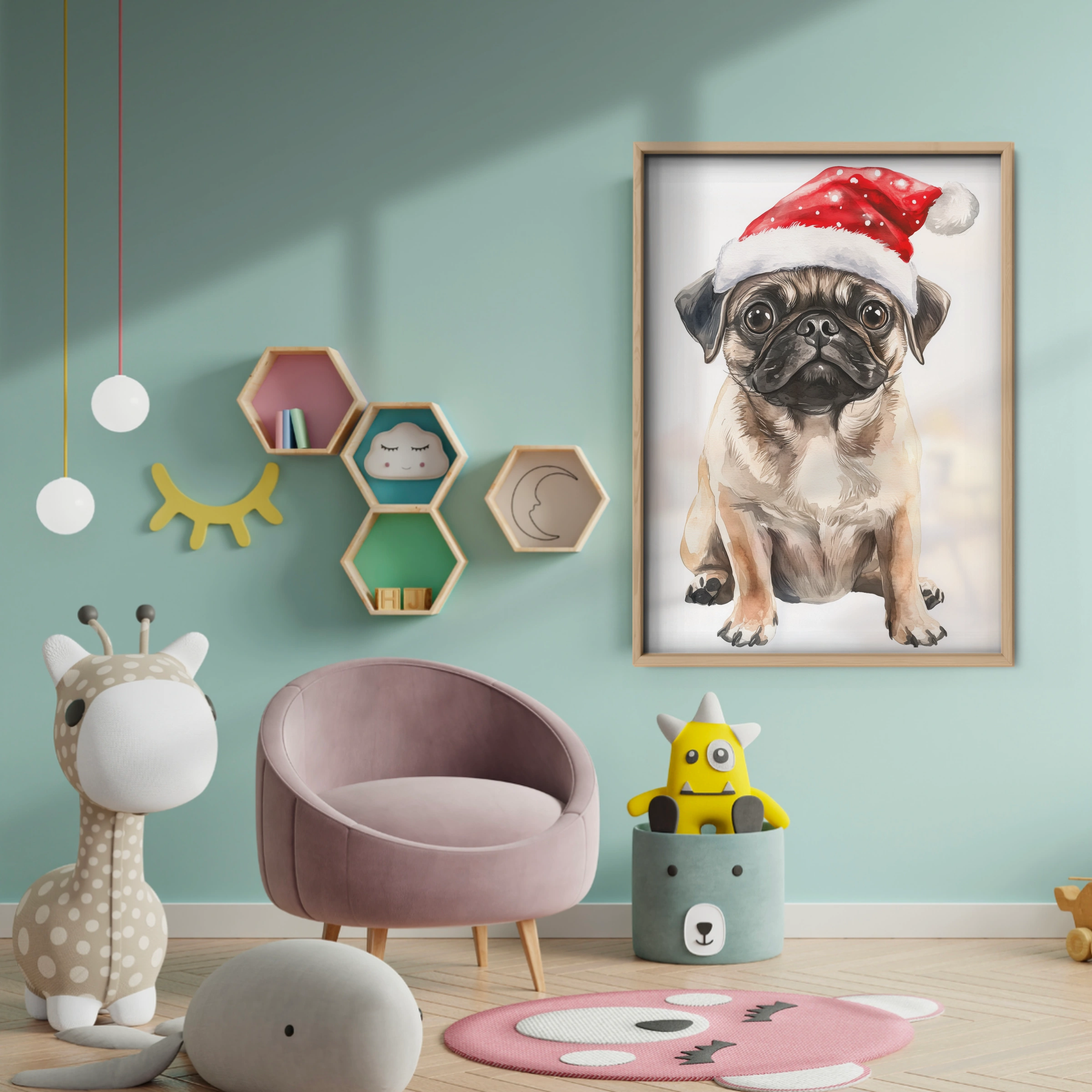 Pug in a Santa Hat Christmas Print - baby room wall decor print