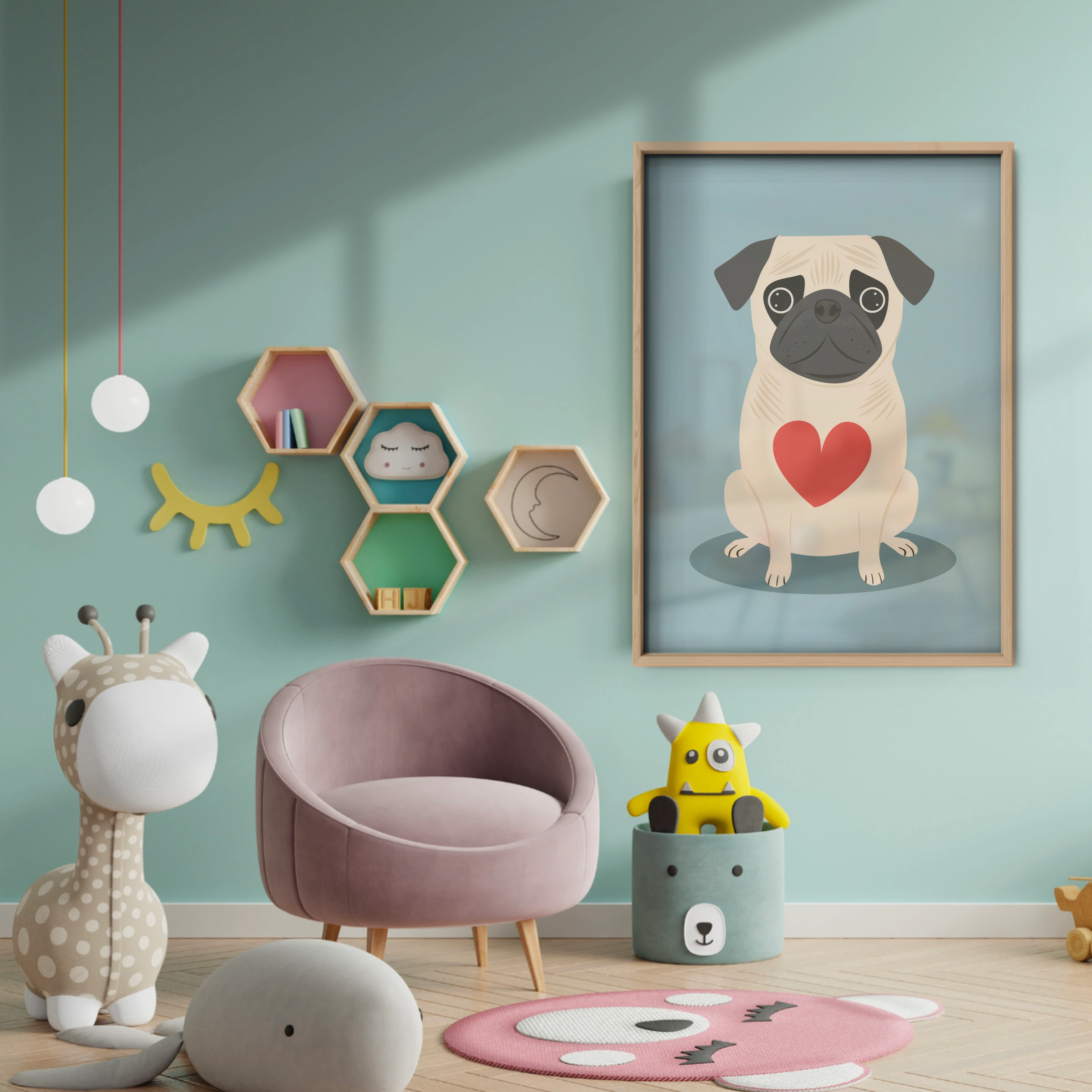 Pug with a Heart Nursery Print - baby room wall decor print