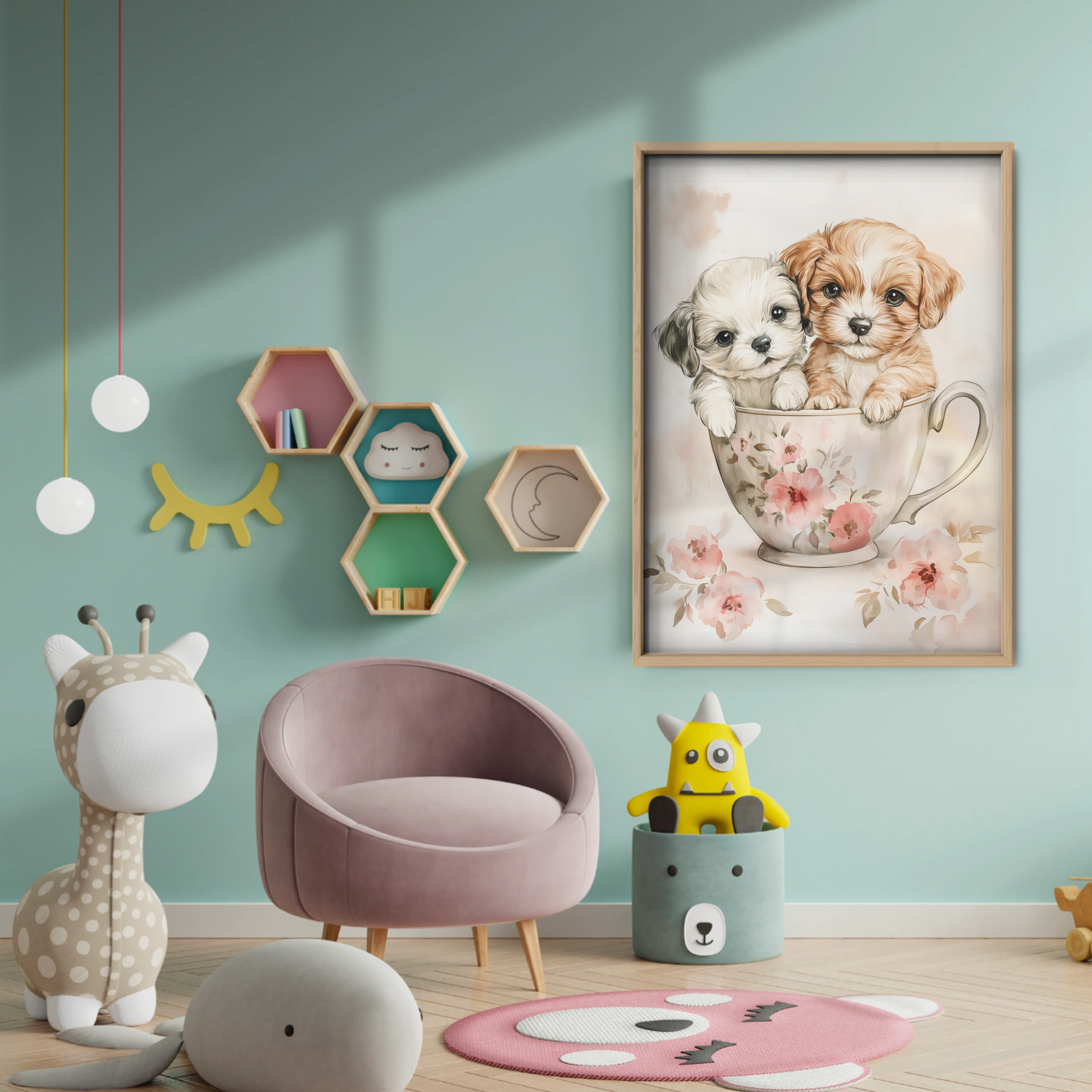 Puppies in a Teacup Nursery Print - baby room wall decor print