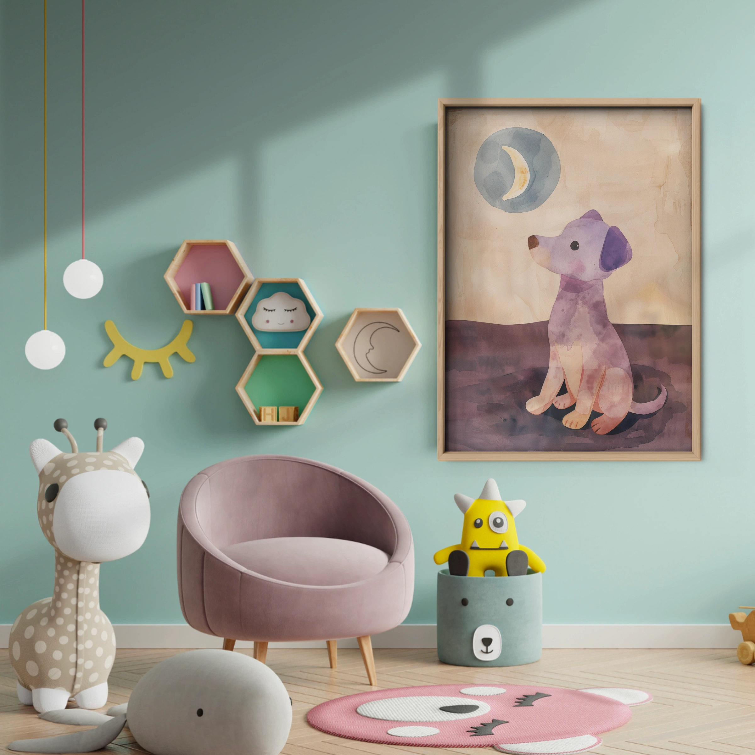 Puppy and the Moon Nursery Print - baby room wall decor print