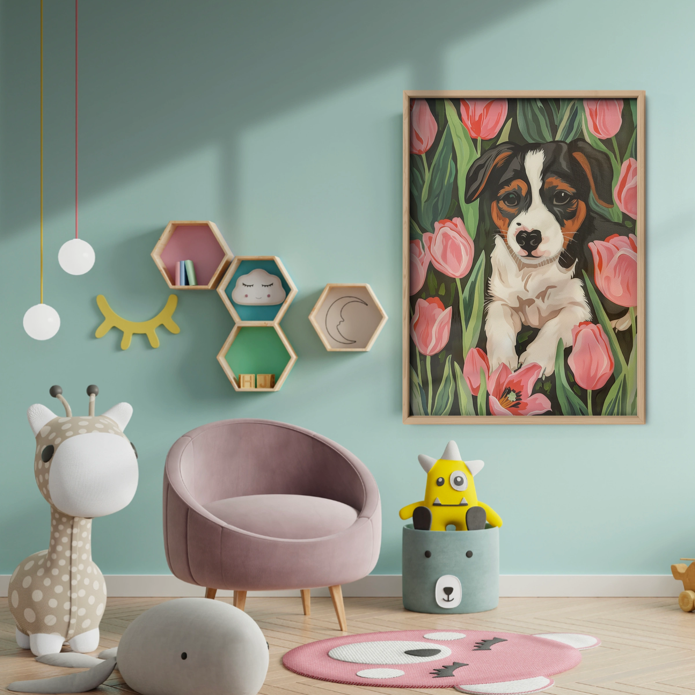 Puppy in Tulips Nursery Print - baby room wall decor print