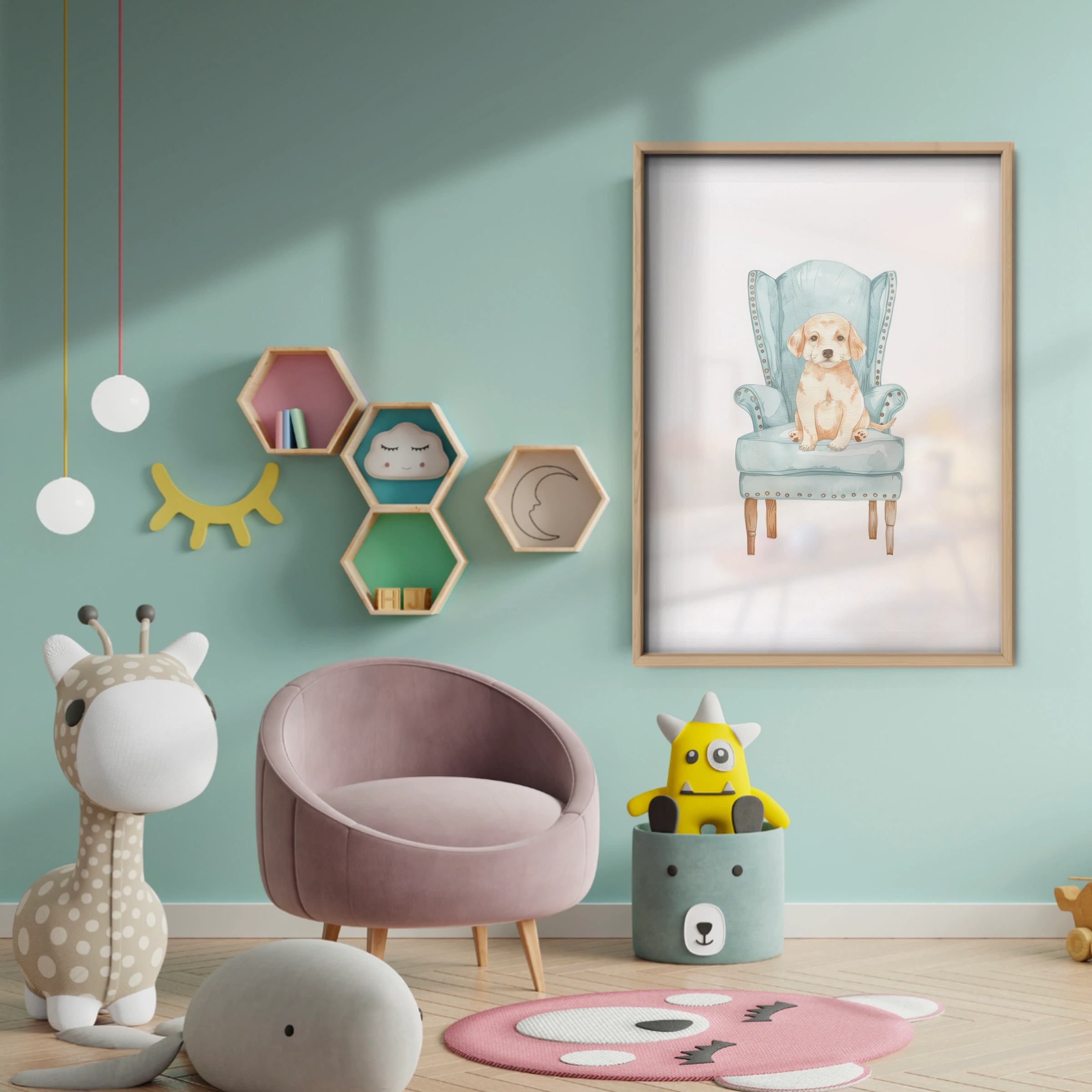 Puppy on a Chair Nursery Print - baby room wall decor print