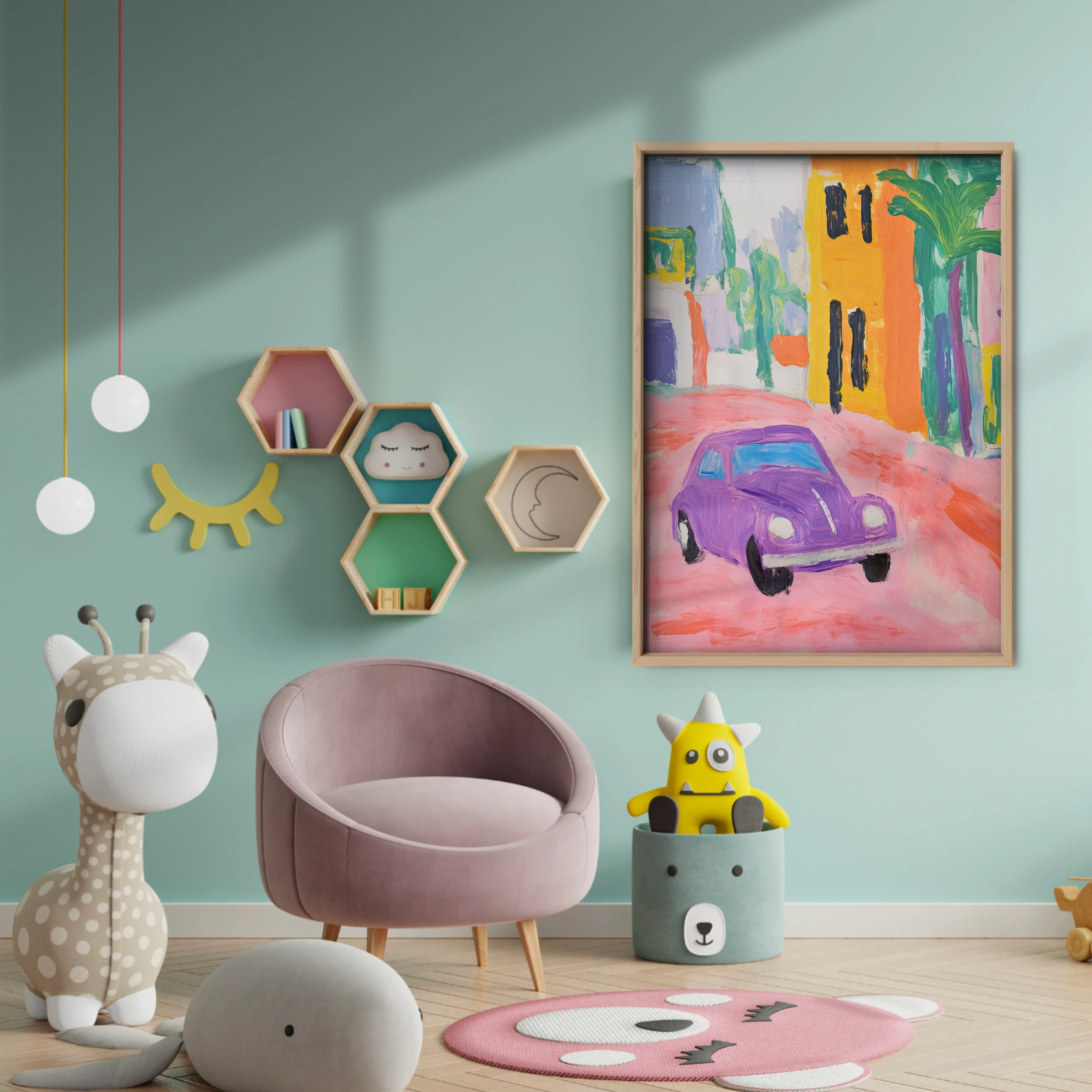 Purple Car in Town Nursery Print - baby room wall decor print