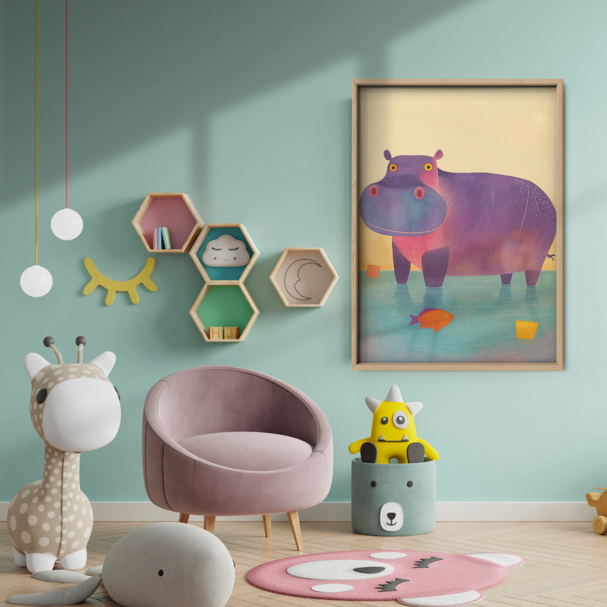 Purple Hippo Nursery Print - baby room wall decor print